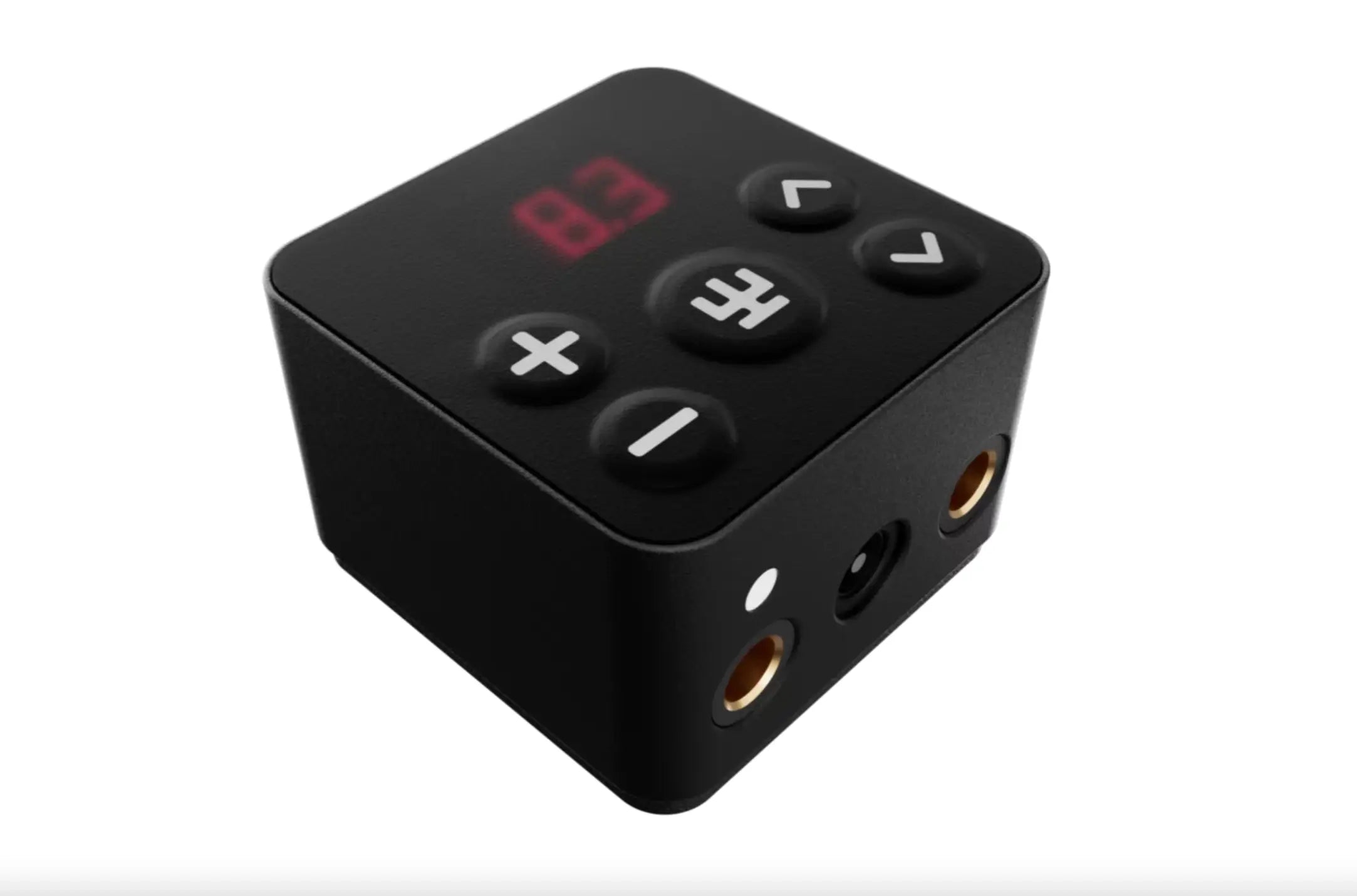 Vladi Blad PowerBox 5 Pro black cube audio interface with red digital display and white control buttons