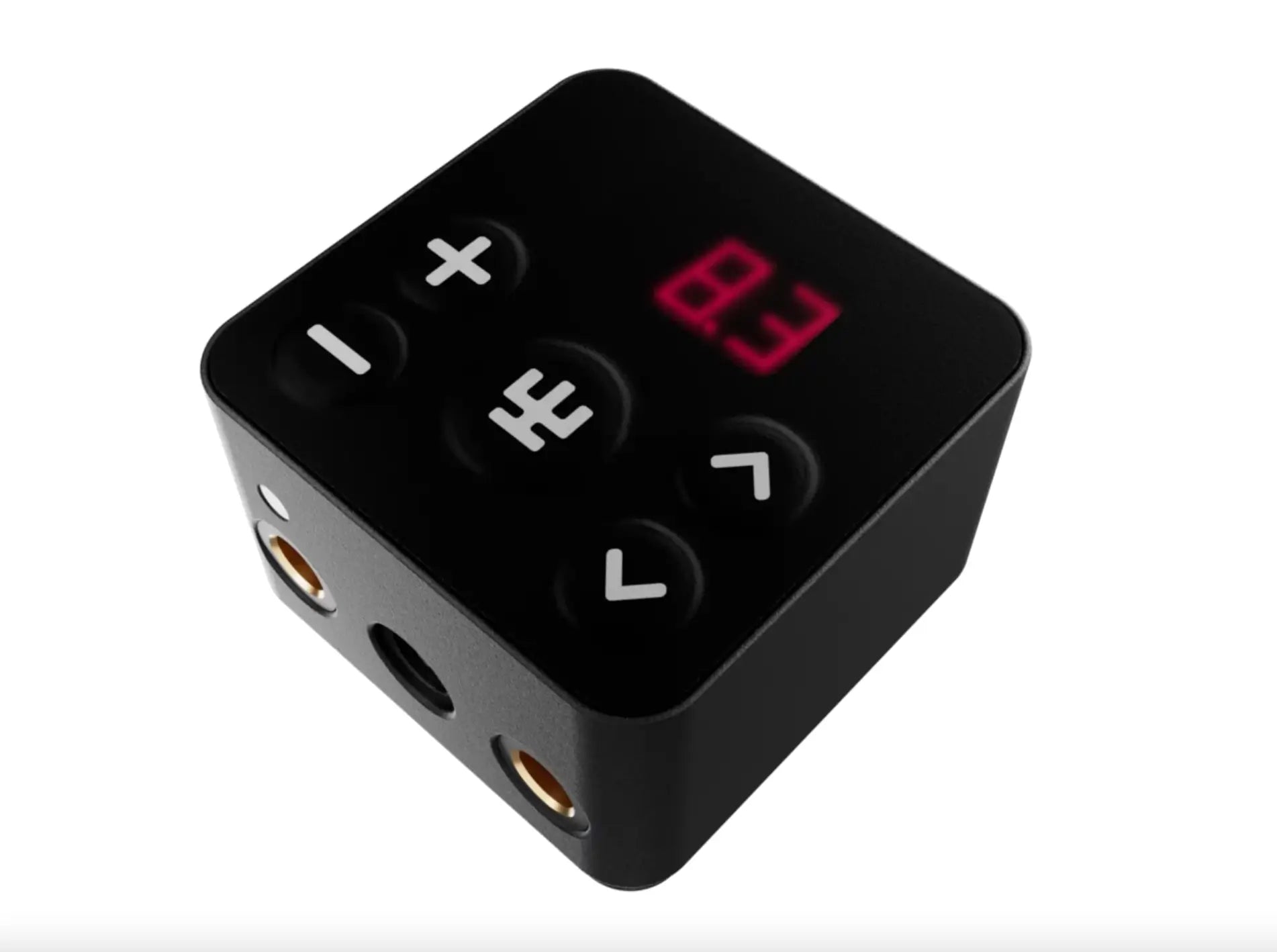 Vlad blad powerbox 5 pro black cube-shaped audio interface with red digital display and white directional buttons