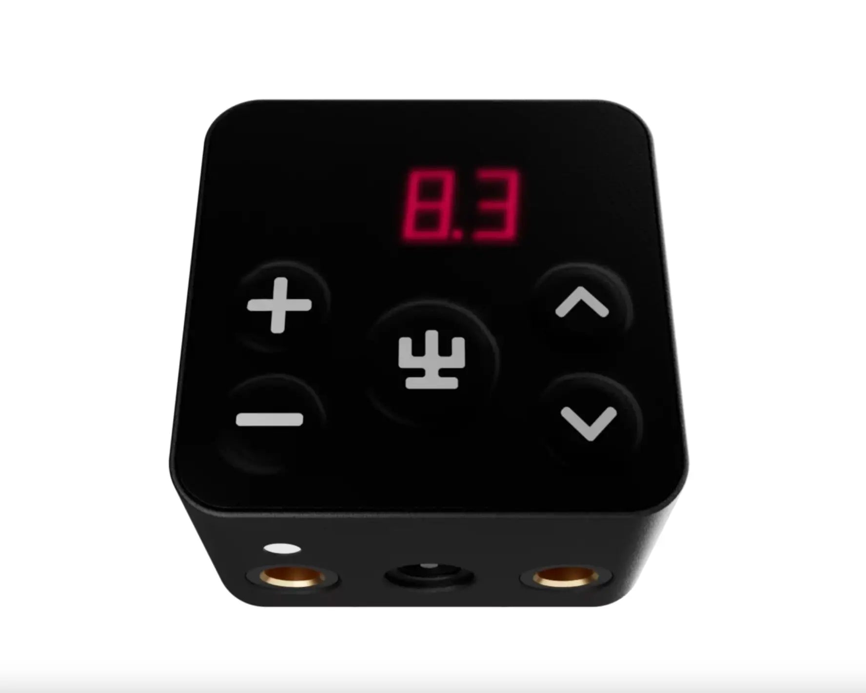 Black square tattoo machine control unit vlad blad powerbox 5 pro with red digital display and white buttons on glossy surface