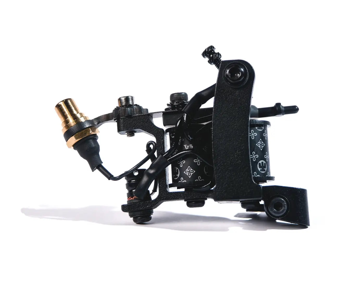Black tattoo machine with gold needle holder and patterned grip for VLAD BLAD RCA adapter for coils product
