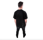 Black short-sleeved cotton shirt with subtle vertical text detail along the side seam from VLAD BLAD collection