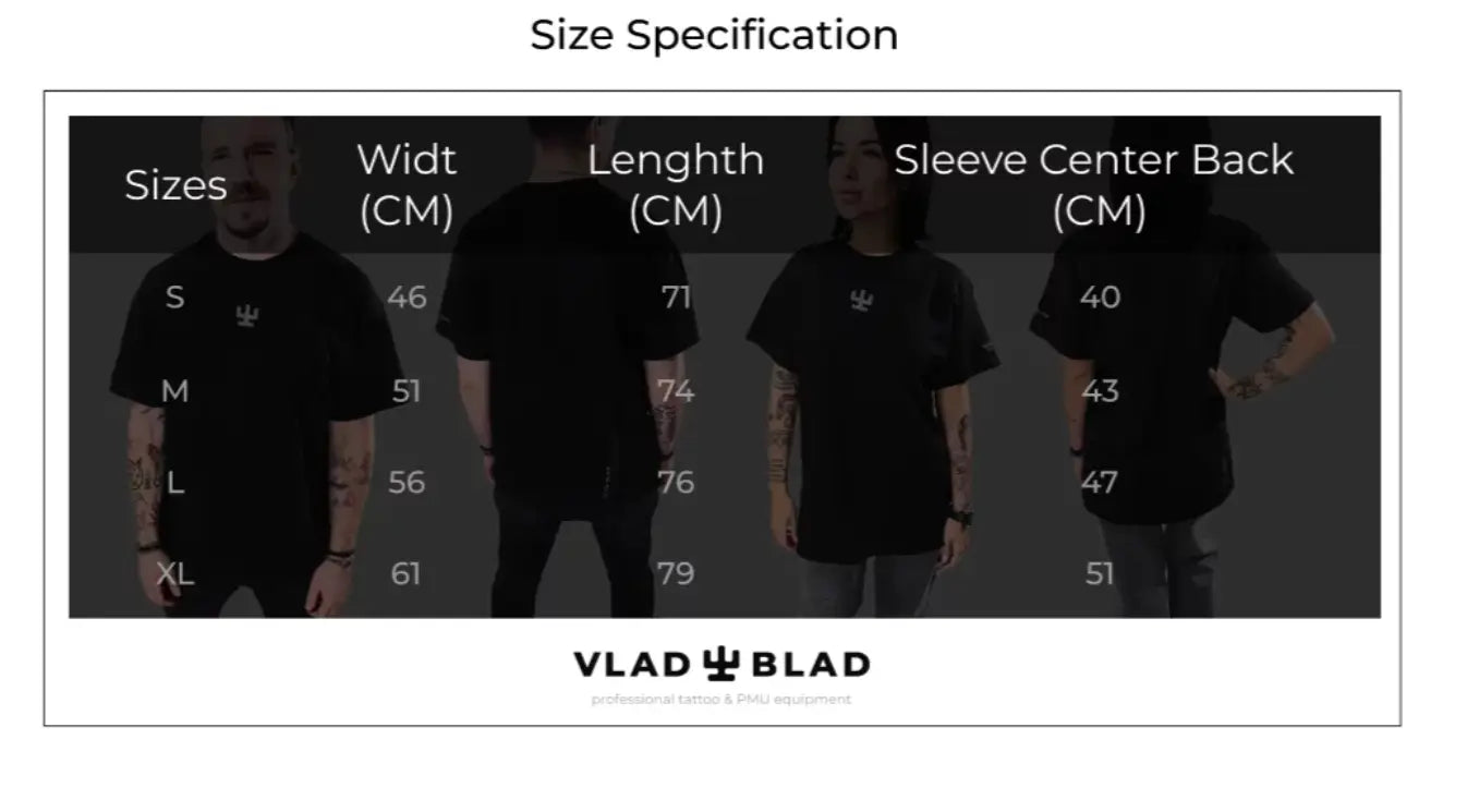 Black VLAD BLAD t-shirt with a small white chest logo shown in multiple sizes for casual wear