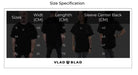 Black VLAD BLAD t-shirt with a small white chest logo shown in multiple sizes for casual wear