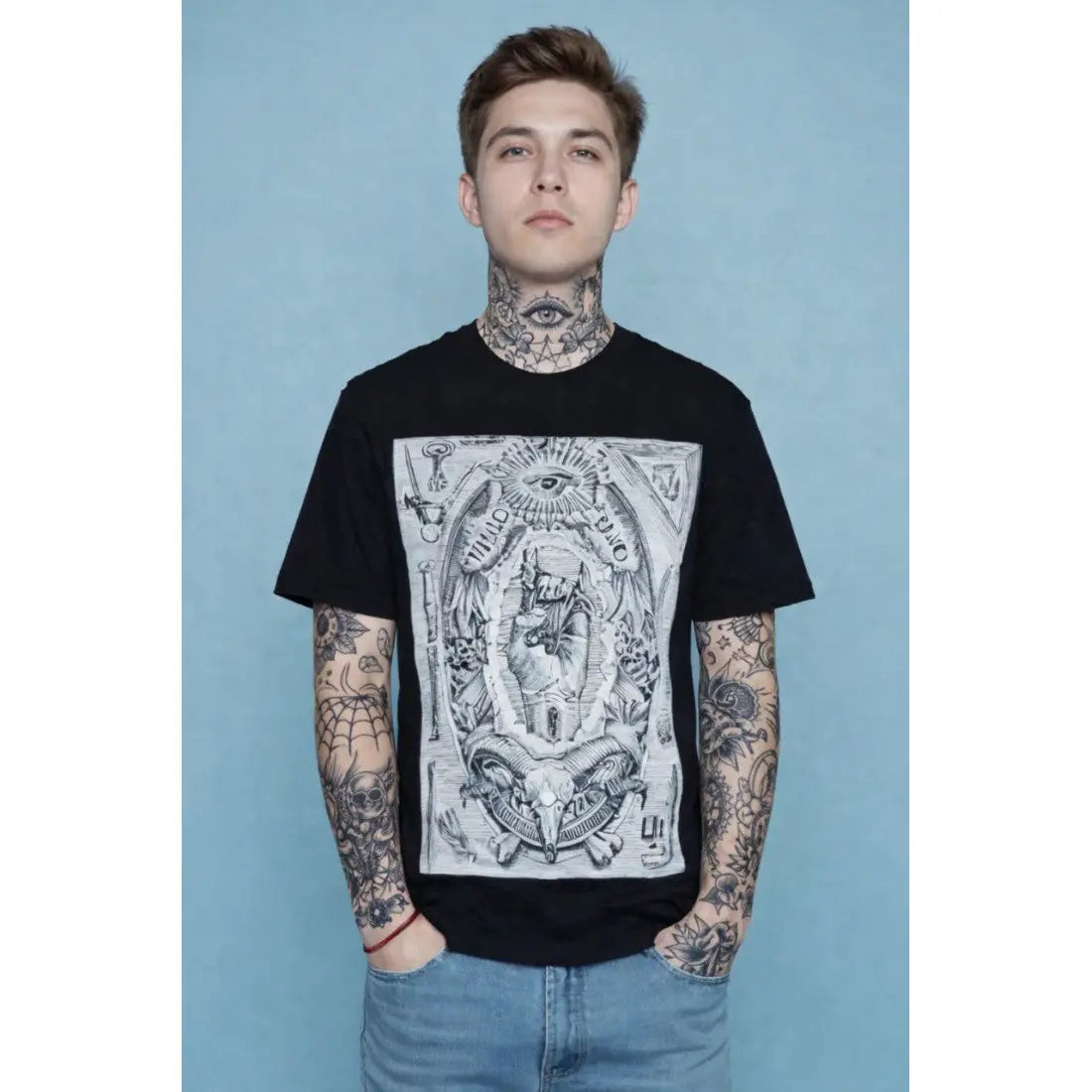 Black VLAD BLAD t-shirt with detailed black and white eye ram skull graphic and ornate symbols print on front