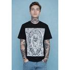 Black VLAD BLAD t-shirt with detailed black and white eye ram skull graphic and ornate symbols print on front