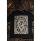 Black vlad blad t-shirt with detailed black and white eye and hand graphic surrounded by skulls and occult symbols