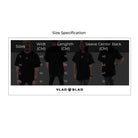 Black VLAD BLAD t-shirt with small white chest logo shown in various sizes on four models