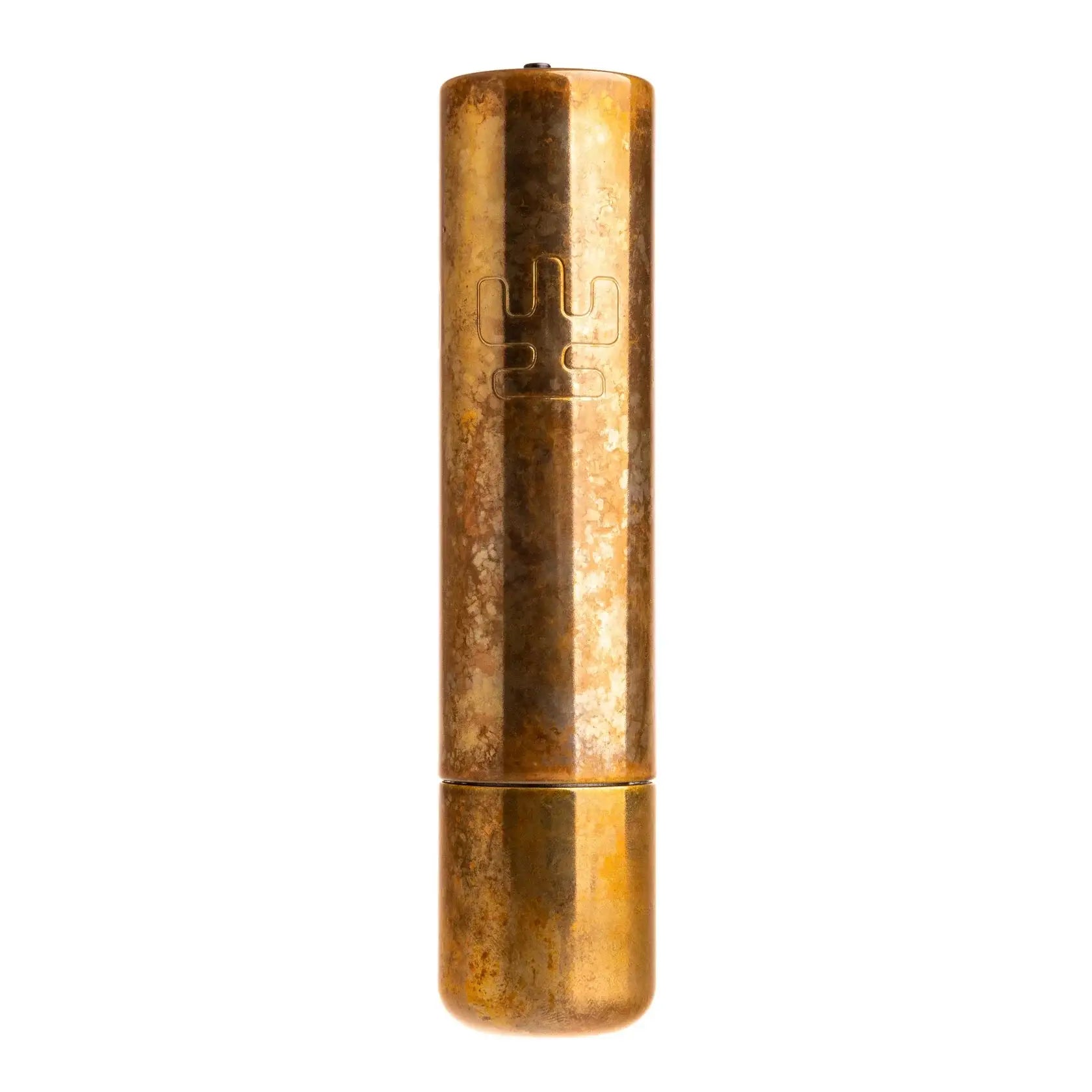 Cylindrical brass-colored metal vlad blad ultron 4 with textured surface and engraved logo by vlad blad