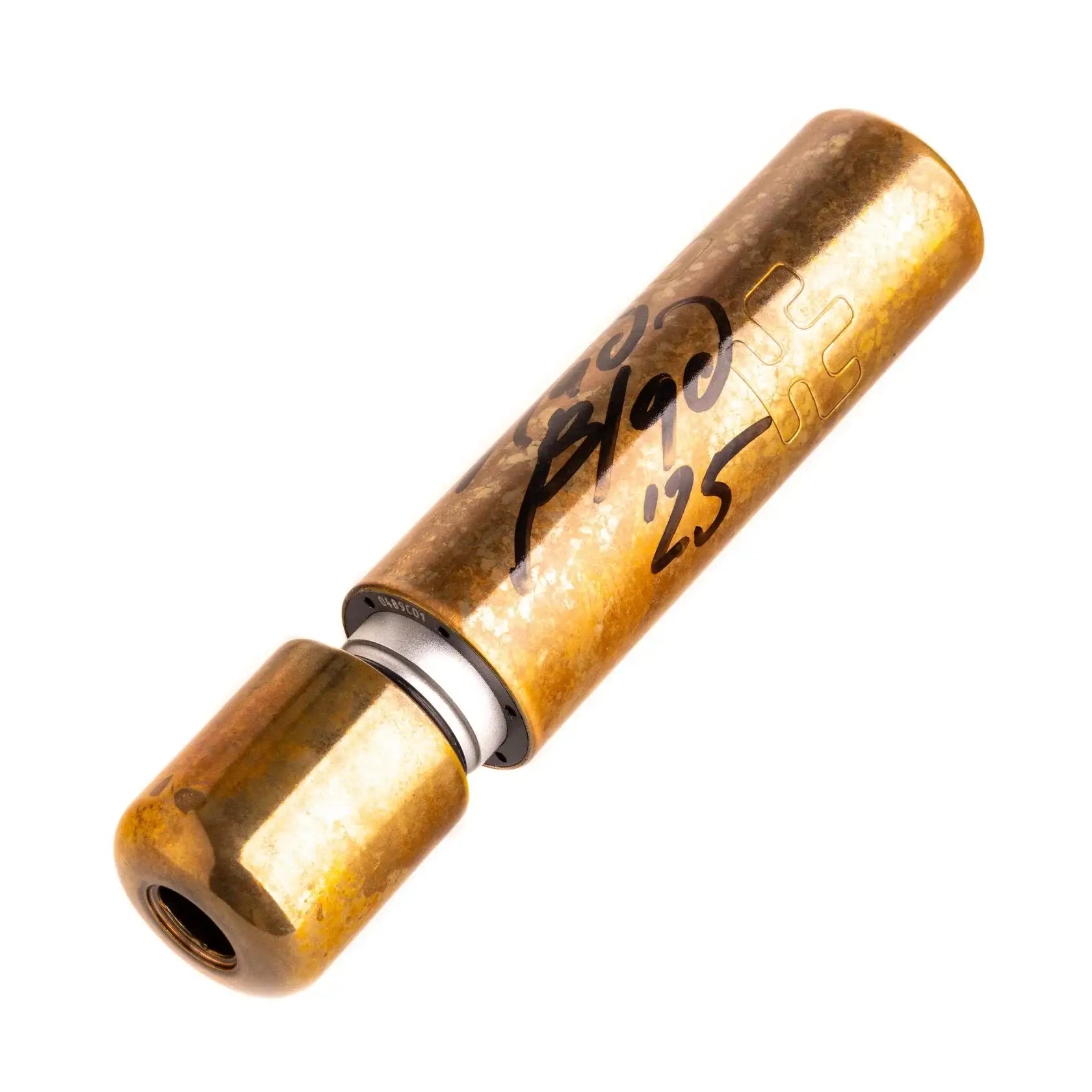 Golden brass-colored cylindrical laser pointer with signature and date engraved from vlad blad ultron 4 one off