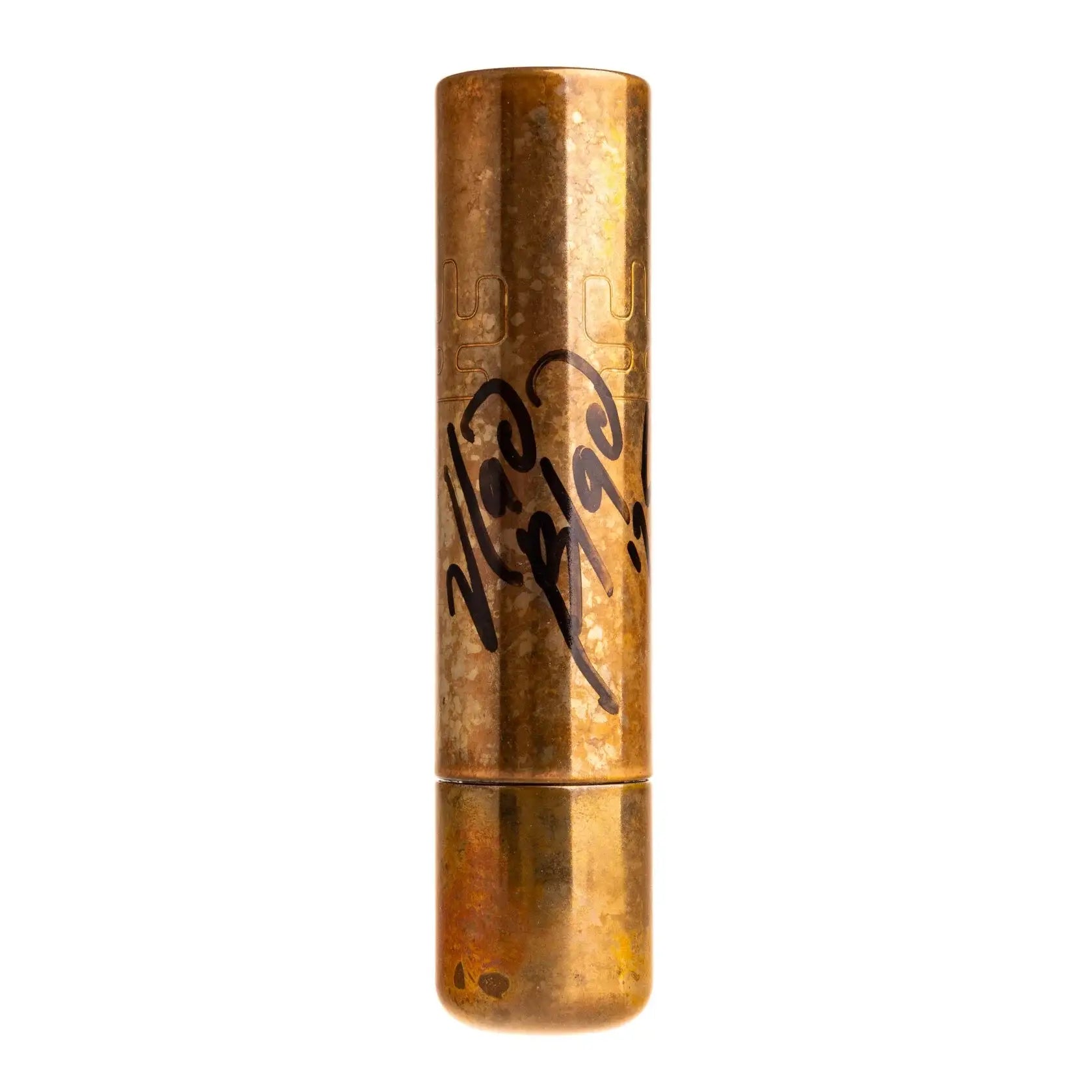 Golden metallic cylindrical lipstick tube with black signature surface from vlad blad ultron 4 one off collection