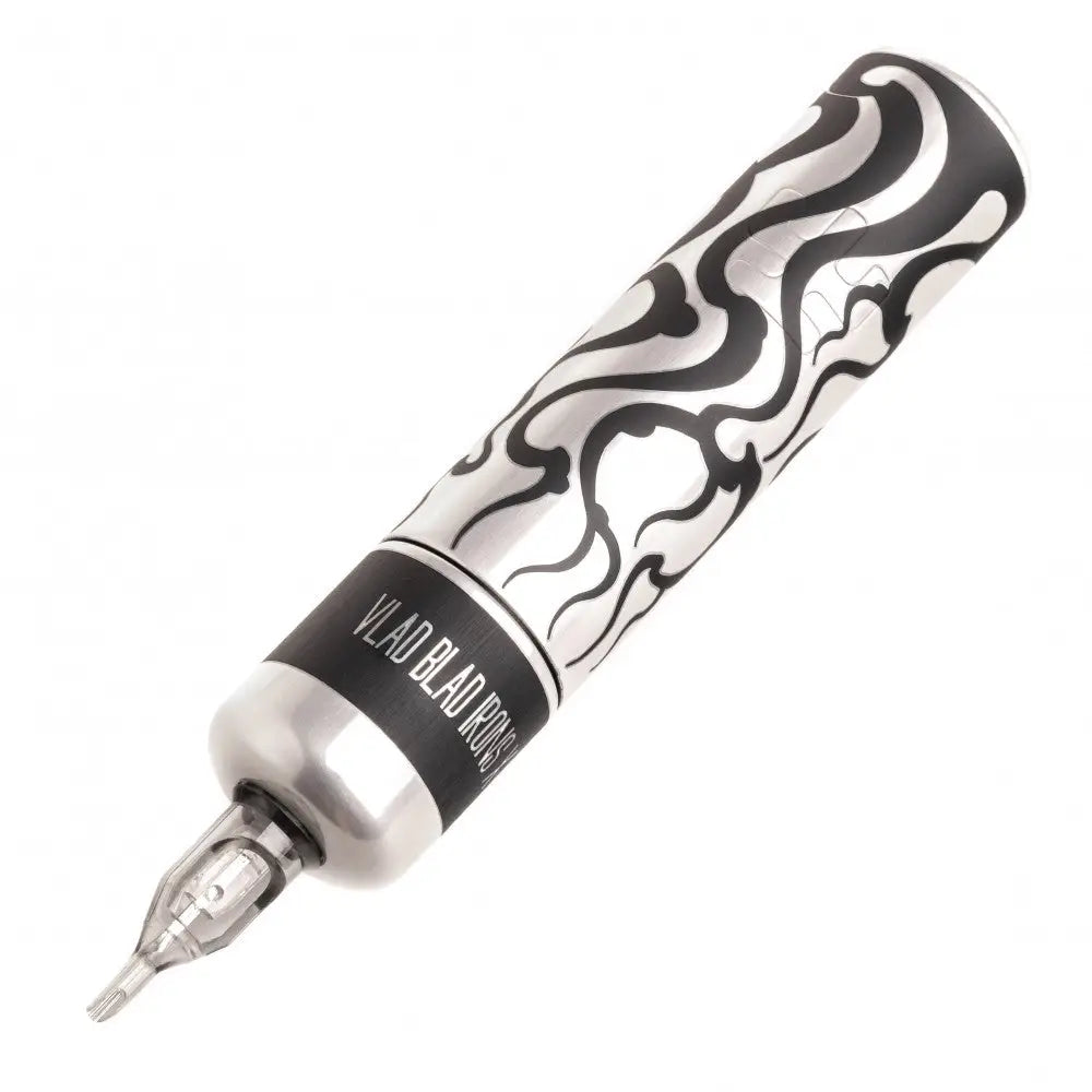 Silver and black tattoo machine vlad blad ultron 4 by Carlos Magone with sleek flame design on cylindrical body