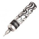 Silver and black tattoo machine vlad blad ultron 4 by Carlos Magone with sleek flame design on cylindrical body