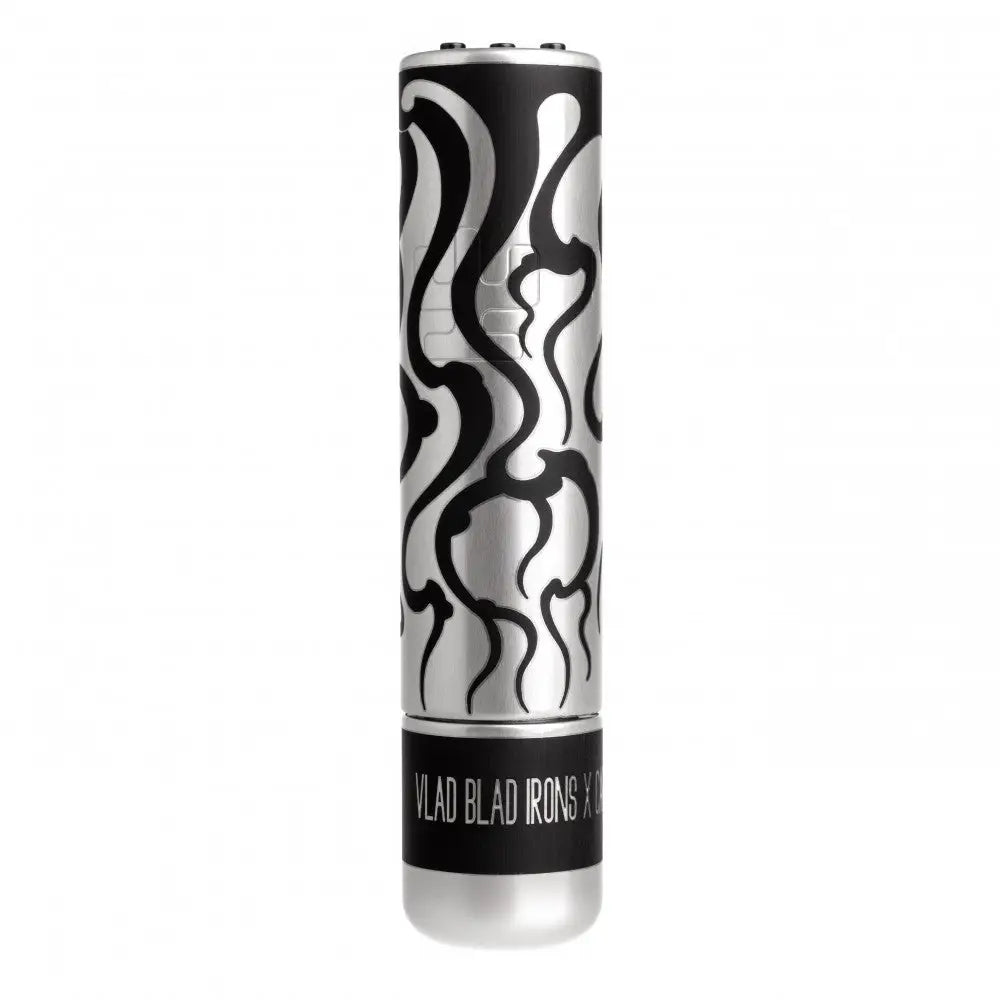 Silver cylindrical vape pen with black flame patterns and matte finish featuring vlad blad irons x branding on base