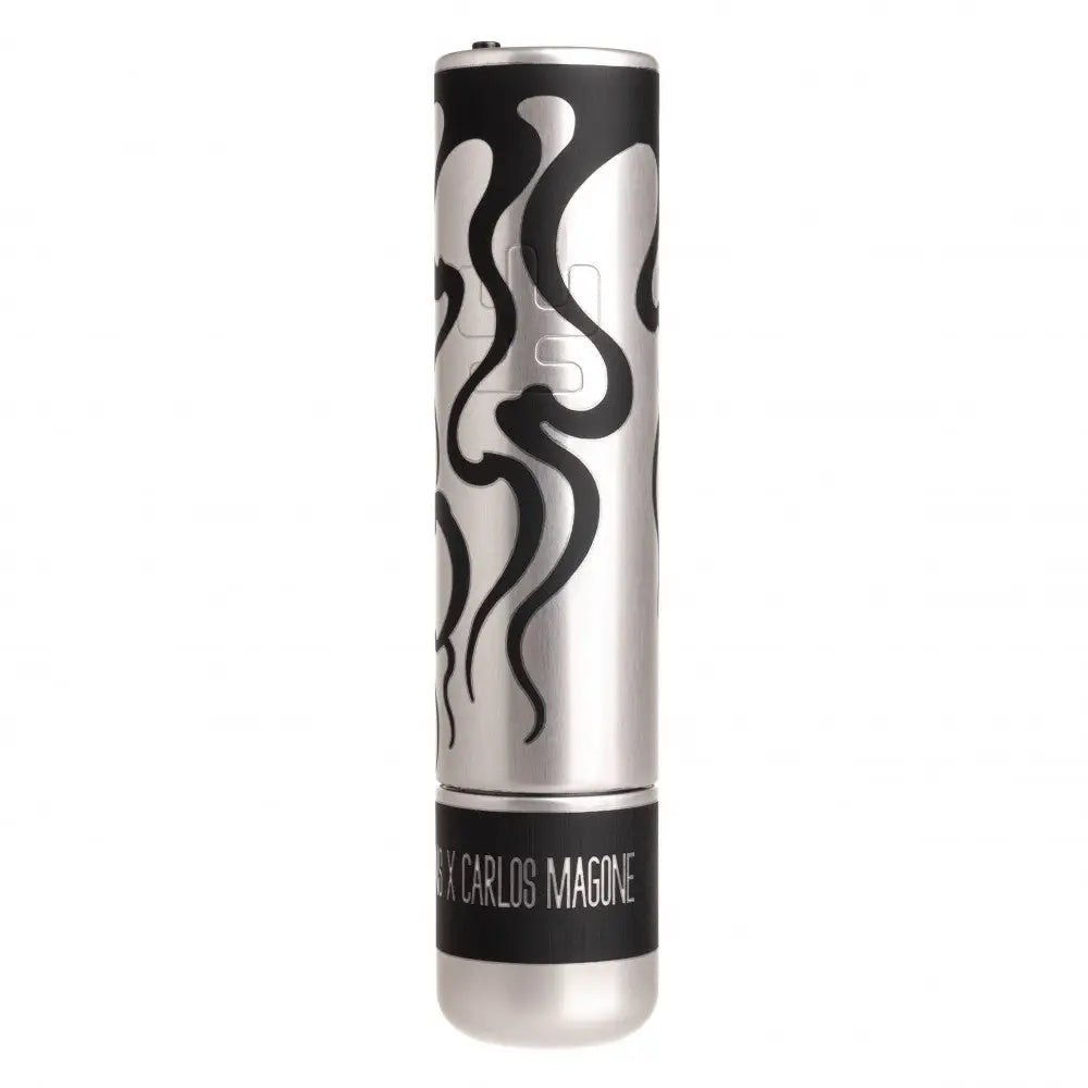 Silver cylindrical lipstick tube with black flame swirls and carlos magone branding from vlad blad ultron 4