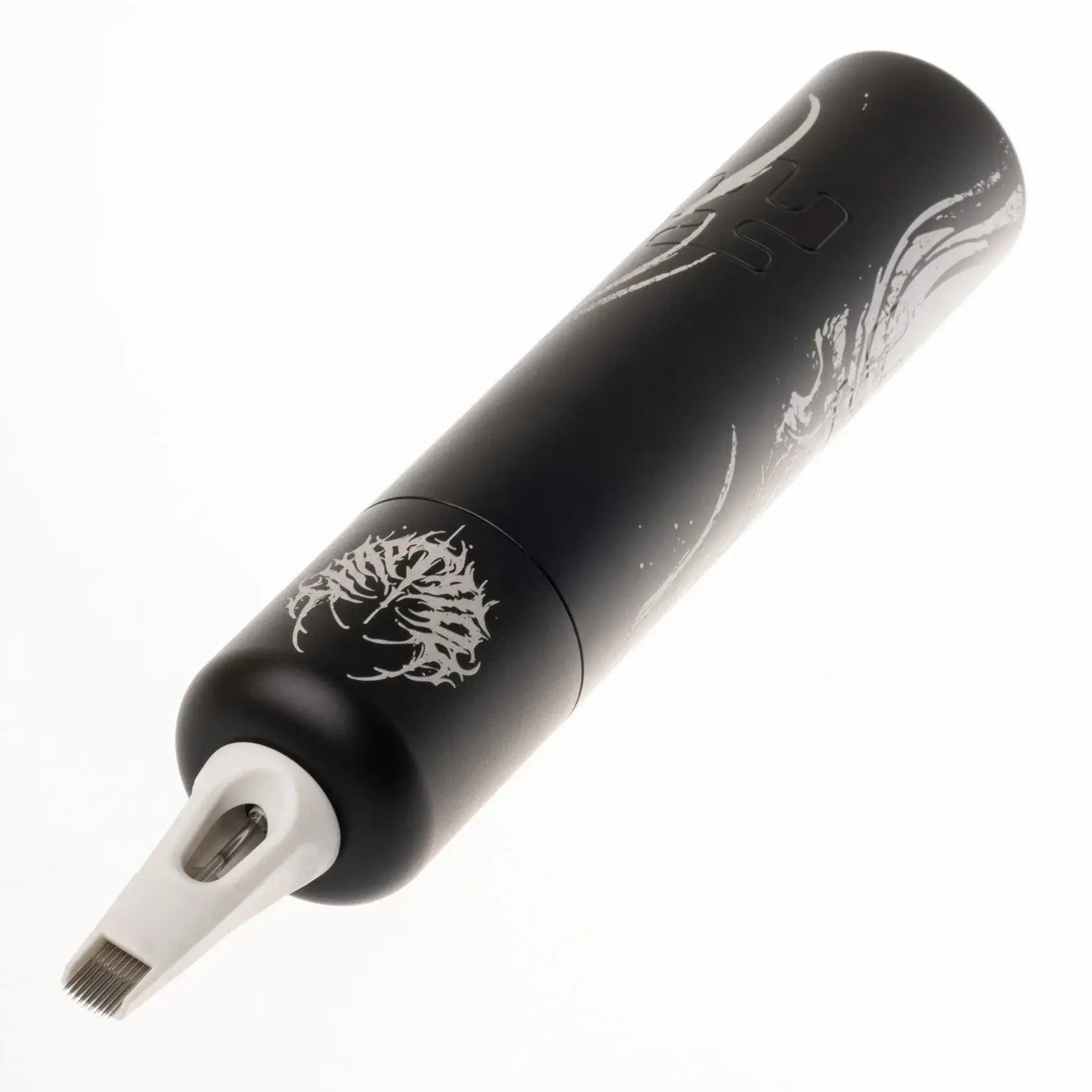 Black cylindrical tattoo machine with white etchings and silver needle tip vlAD BLAD ultron 4 by Chapta