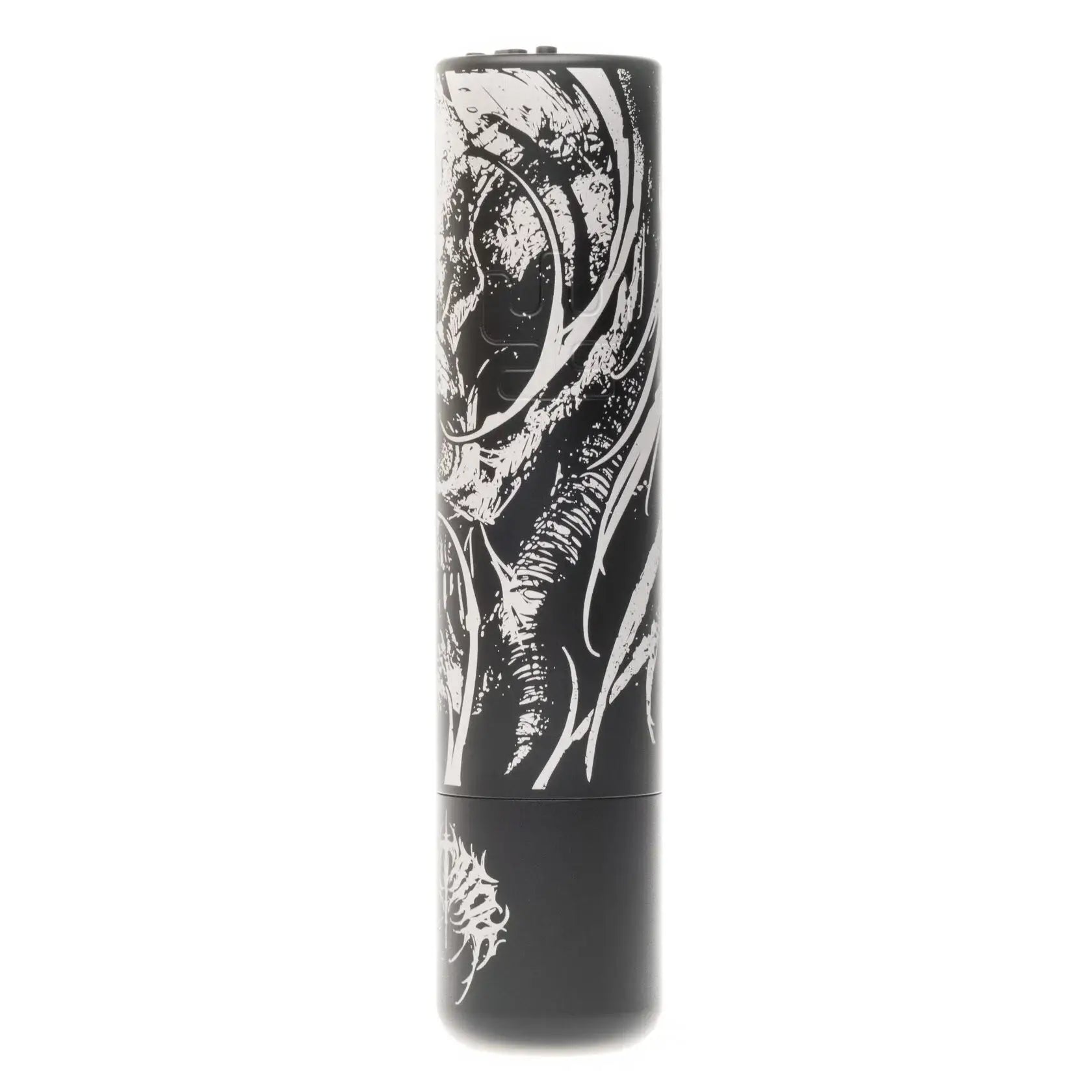Black cylindrical vape pen with intricate white tribal dragon artwork VLAD BLAD Ultron 4 by Chapta
