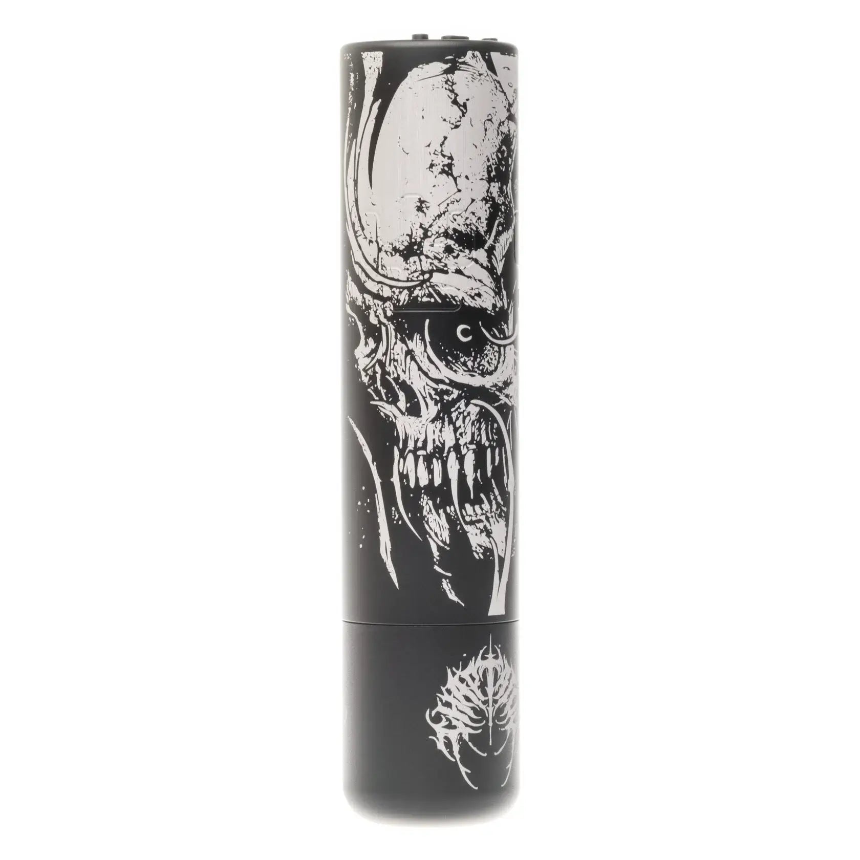 Black cylindrical vape pen vlad blad ultron 4 by chapta with detailed white skull gothic design