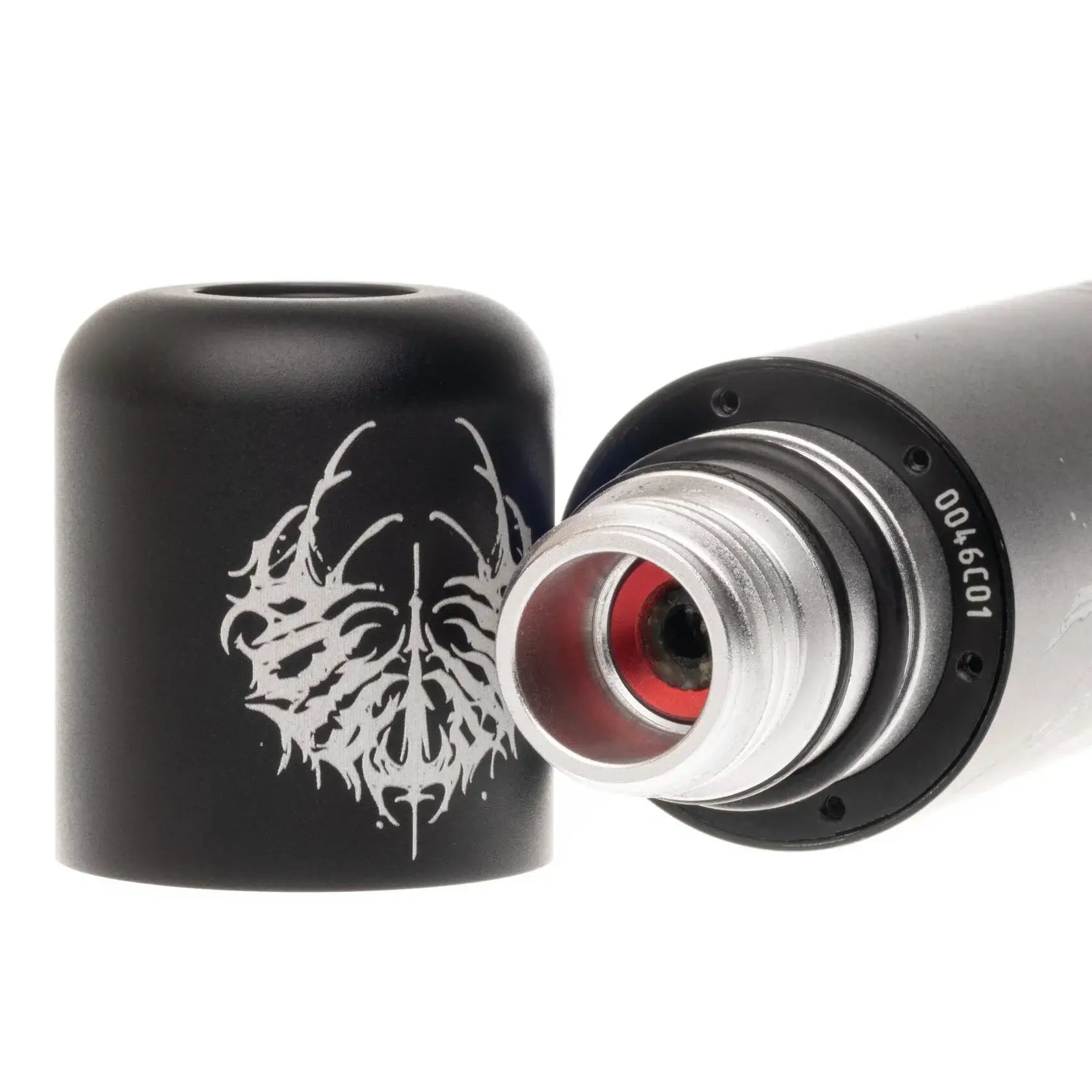 Black cylindrical vape tank cap with white etched demonic face and metallic threaded base for vlad blad ultron 4 by chapta