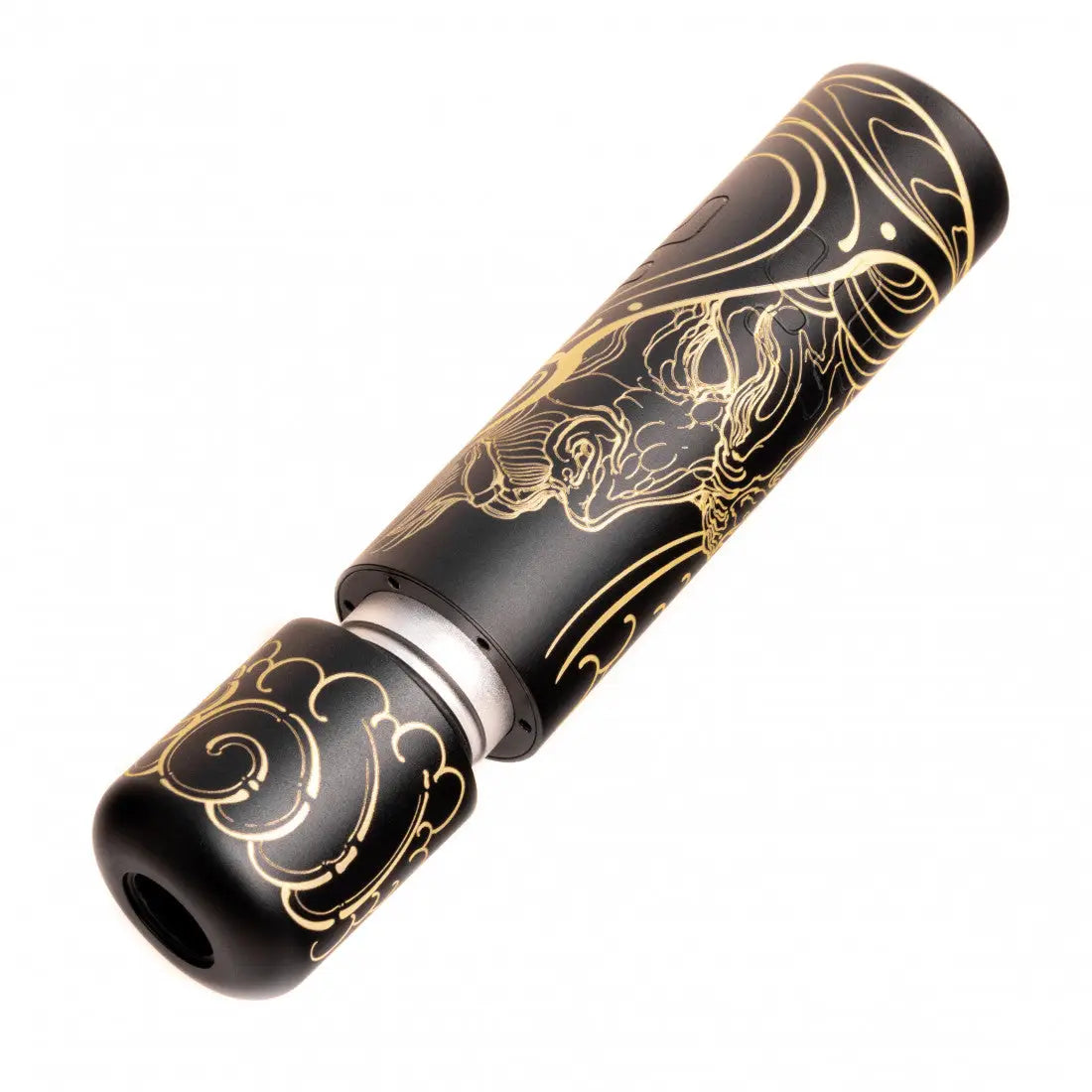 Black cylindrical vape mod with intricate gold dragon and cloud engravings ultron 4 by Kubec