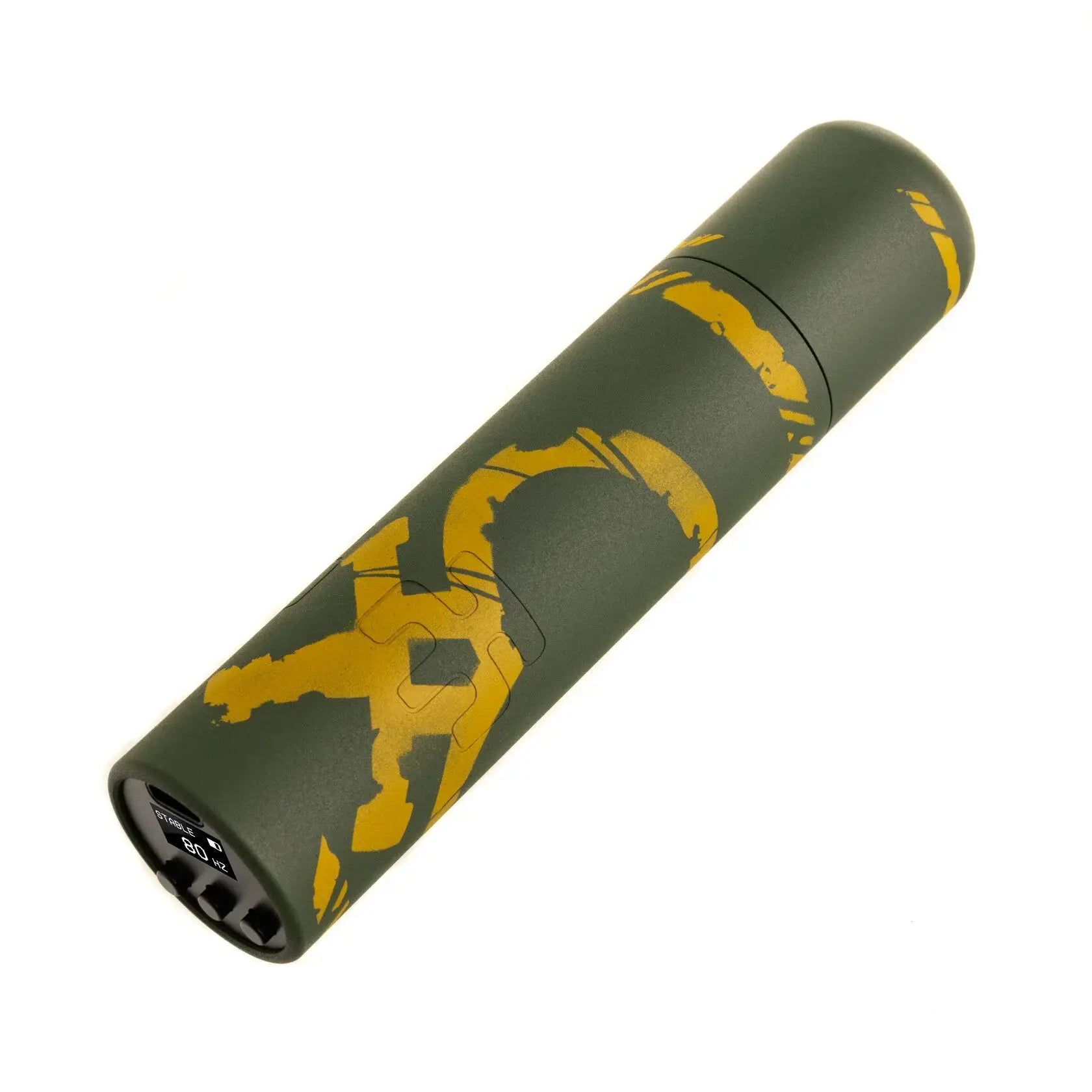 Olive green cylindrical portable charger with bold yellow graffiti graphics and black charging port vladi blad ultron 4 by rinat karamba