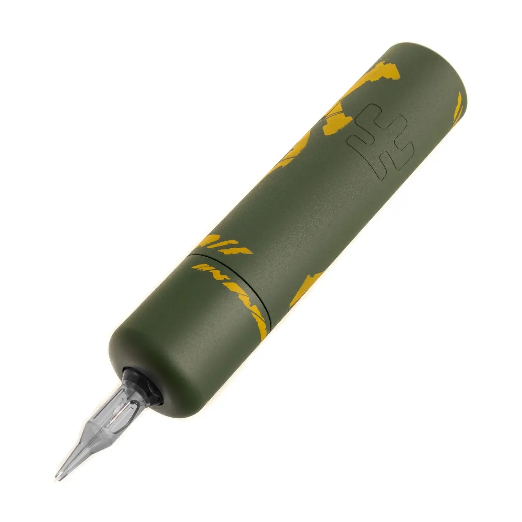 Olive green cylindrical tattoo machine with yellow abstract markings and clear needle tip by rinat karamba ultron 4