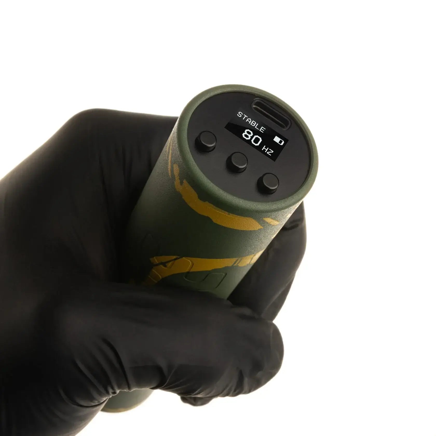 Olive green cylindrical gaming controller with yellow accents and stable 80 hz display from vlad blad ultron 4 by rinat karamba