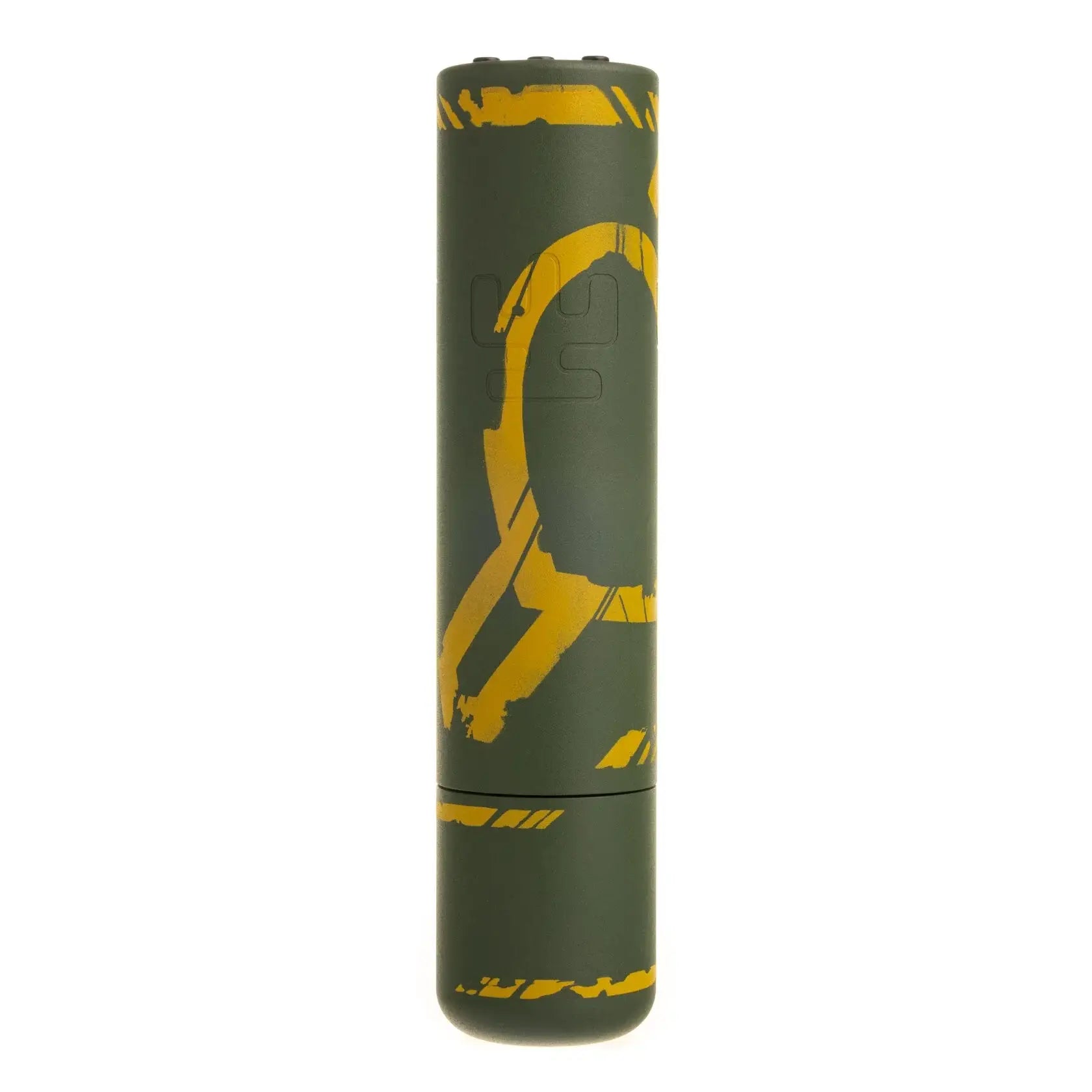 Olive green cylindrical vlad blad ultron 4 device by rinat karamba with bold yellow graphic and textured surface