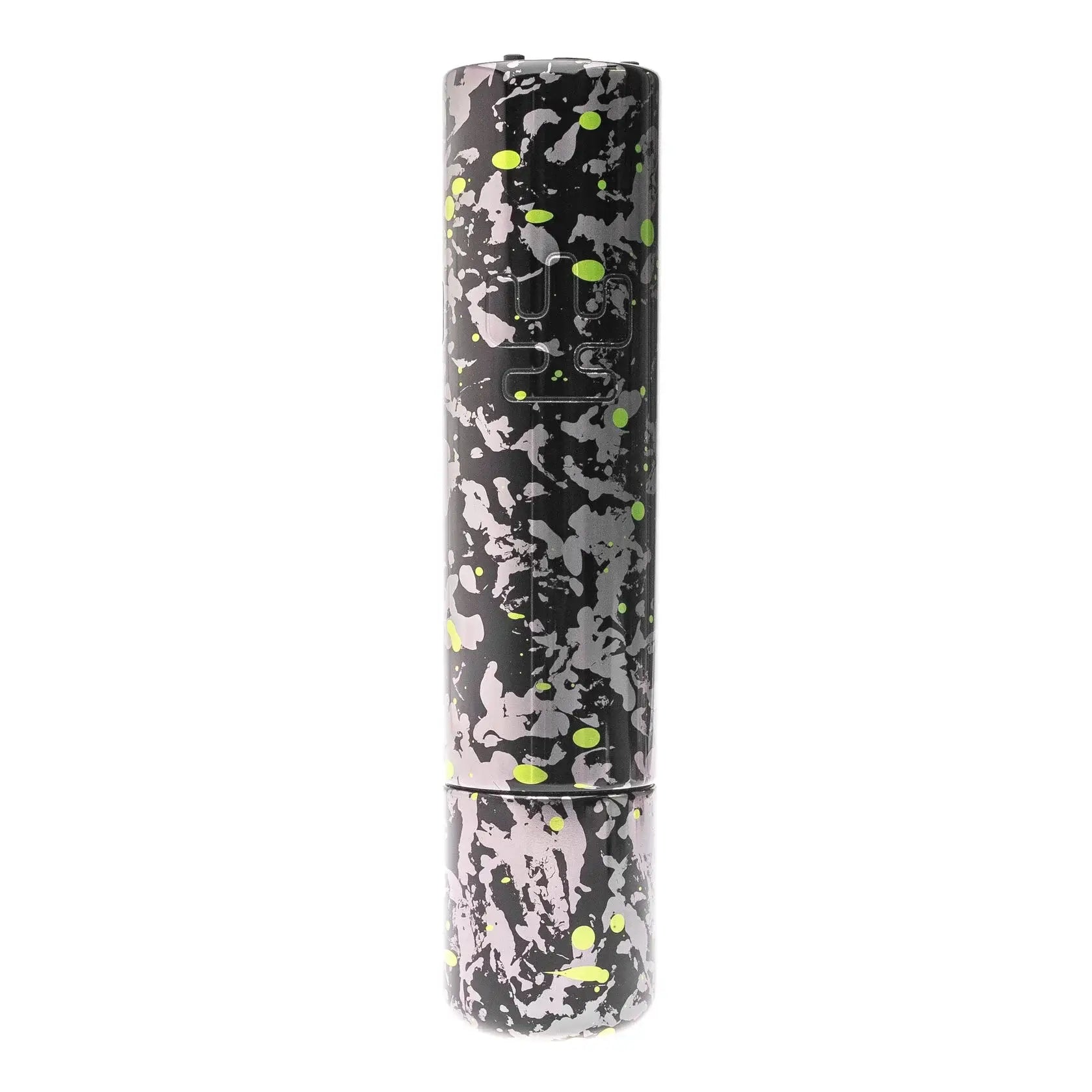 Black cylindrical vape pen with neon green and gray splatter pattern and embossed logo vlаd blаd ultron 4 camo drop