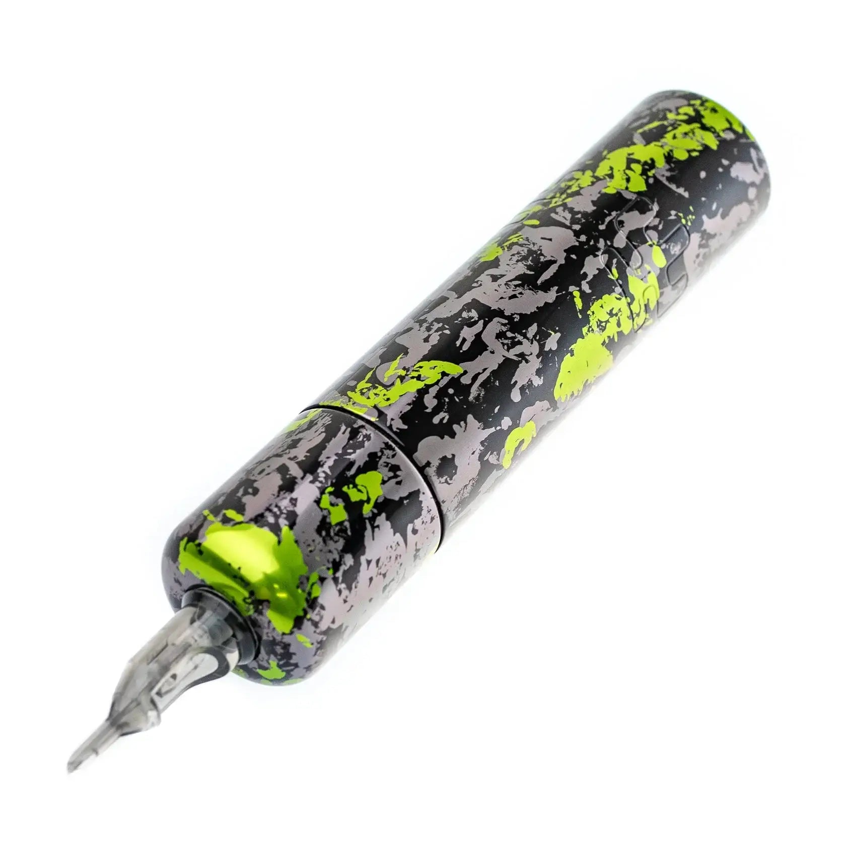 A sleek cylindrical tattoo machine vlad blad ultron 4 in black and neon green splatter paint camo grey green design