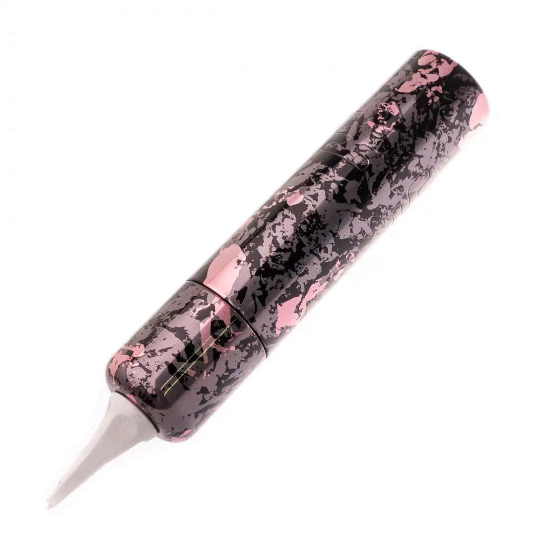 A sleek cylindrical tattoo machine vlad blad ultron 4 camo grey pink with a glossy black and pink marbled finish