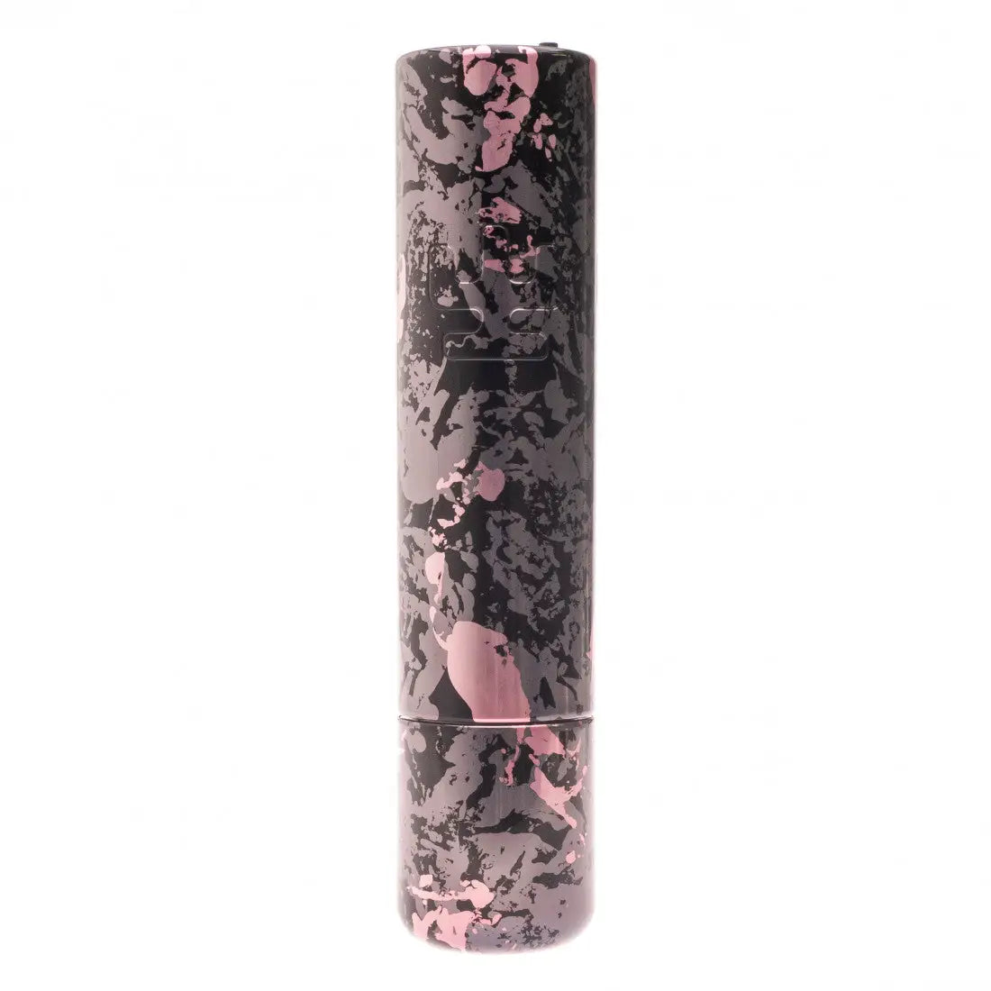 A sleek cylindrical mac lipstick tube in camo grey pink with a black and pink marbled design for vibrant wear