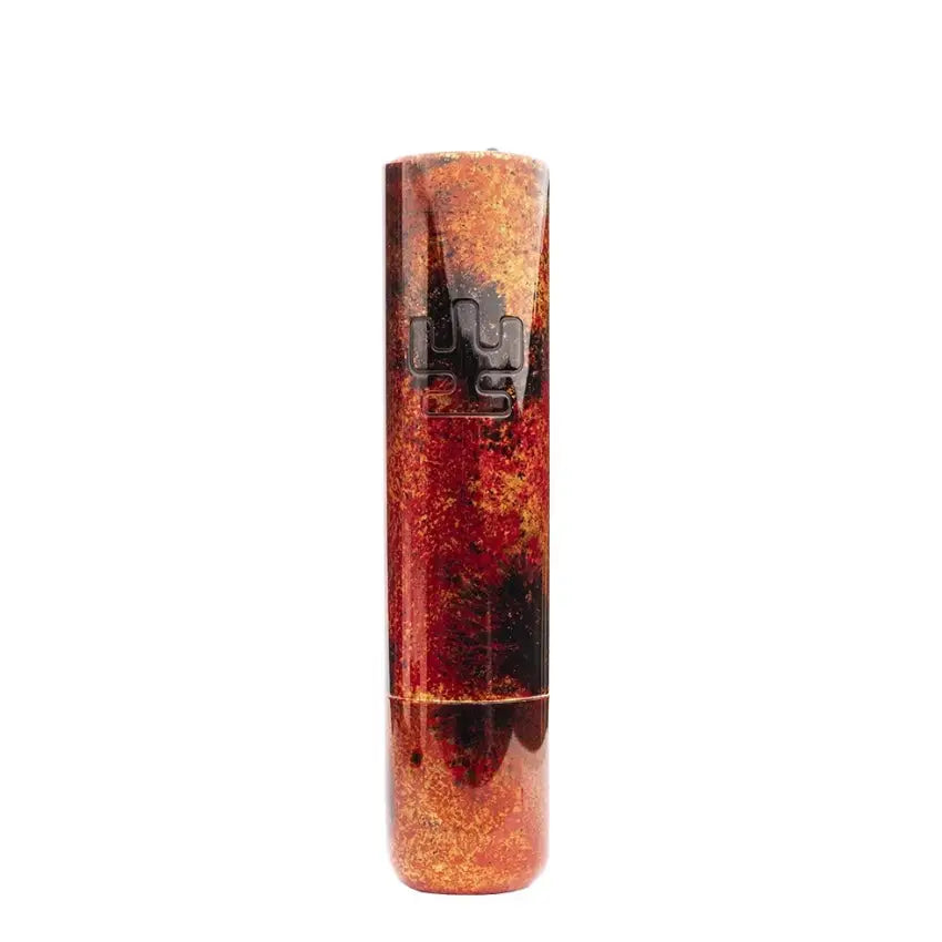 A sleek translucent red and gold resin lipstick tube with black engraved logo from Vlad Blad Ultron 4 Firestarter collection