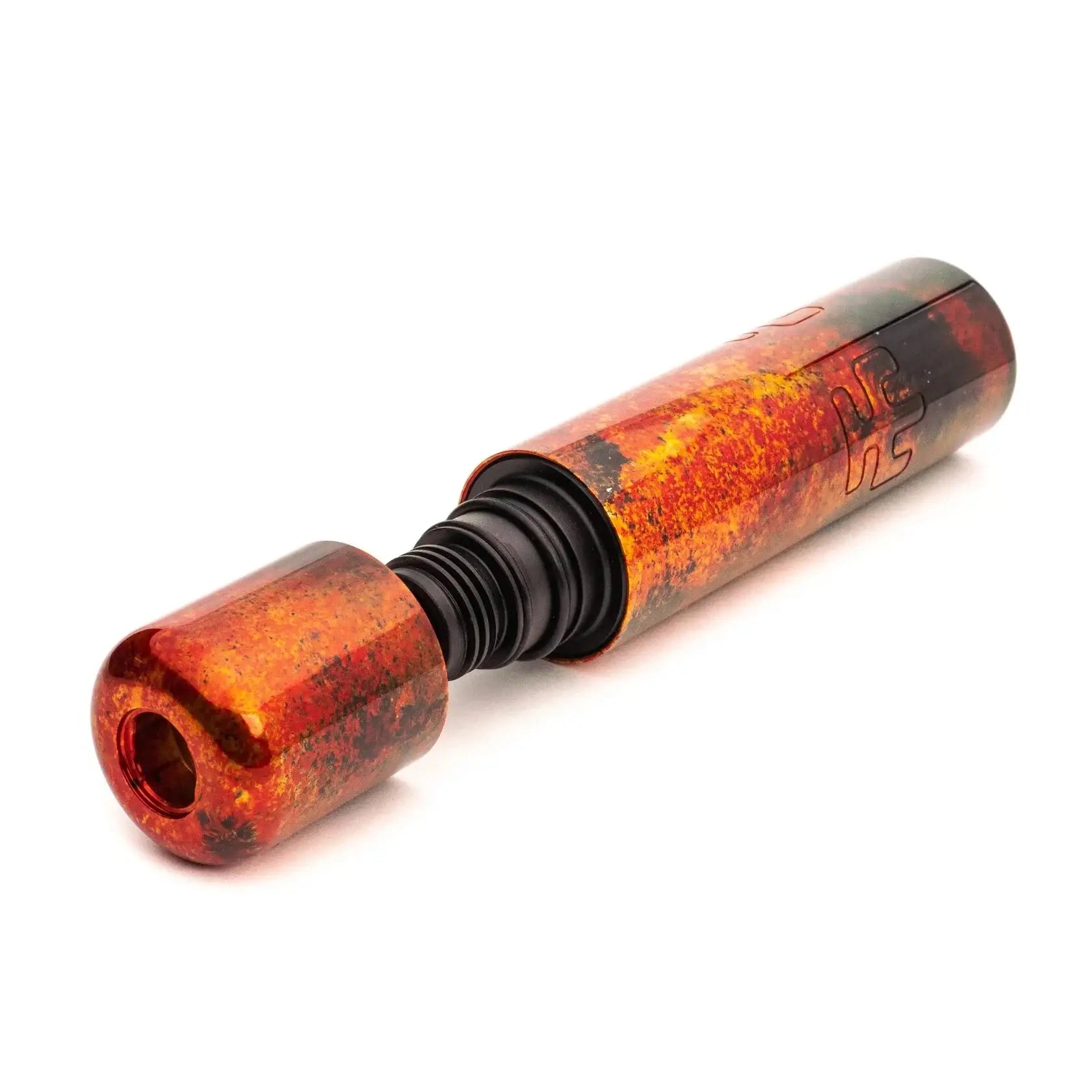 A sleek cylindrical vape pen vlad blad ultron 4 firestarter with fiery orange red gradient and black speckles