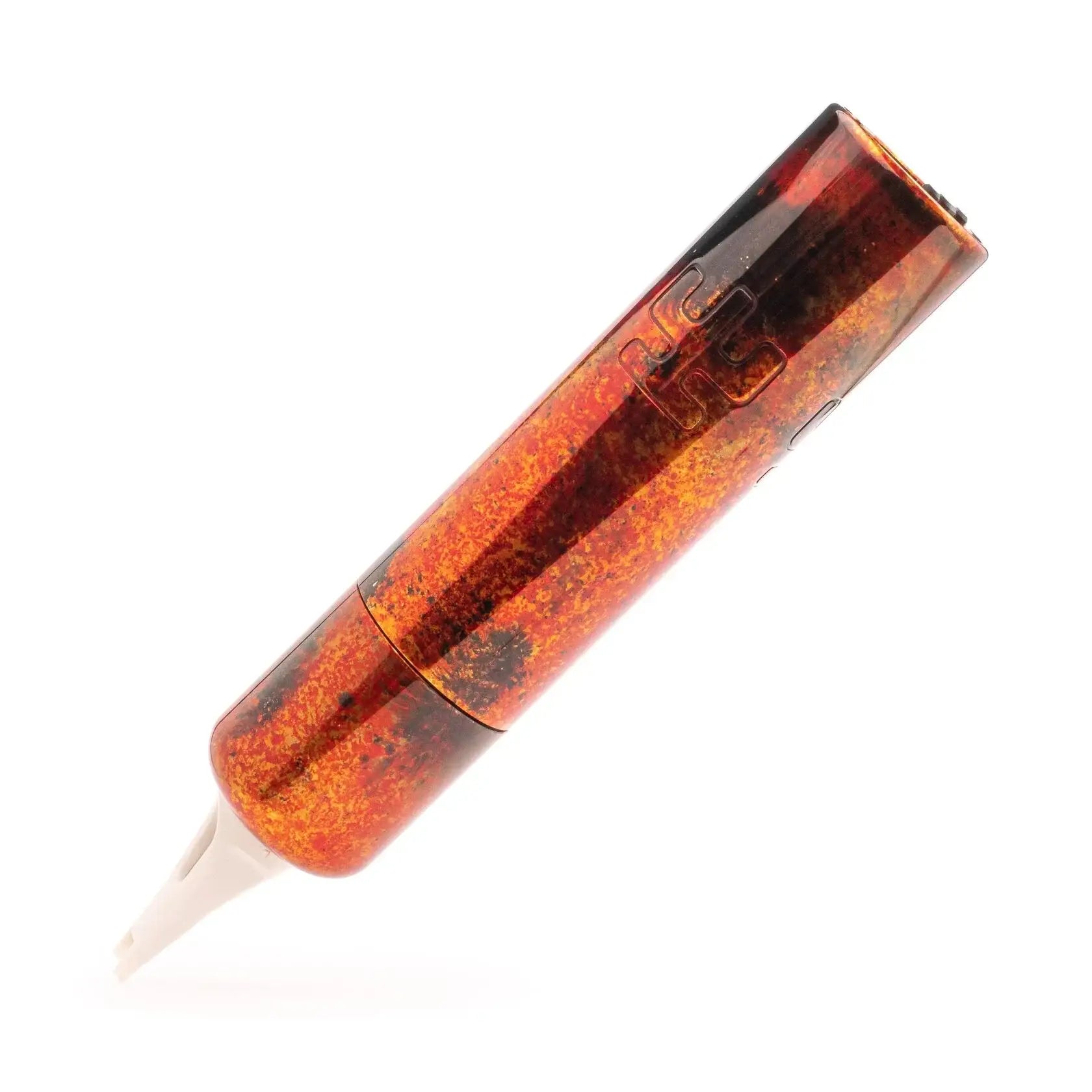 A translucent amber cylindrical vape pen with fiery gradient finish and white mouthpiece in vlad blad ultron 4 firestarter