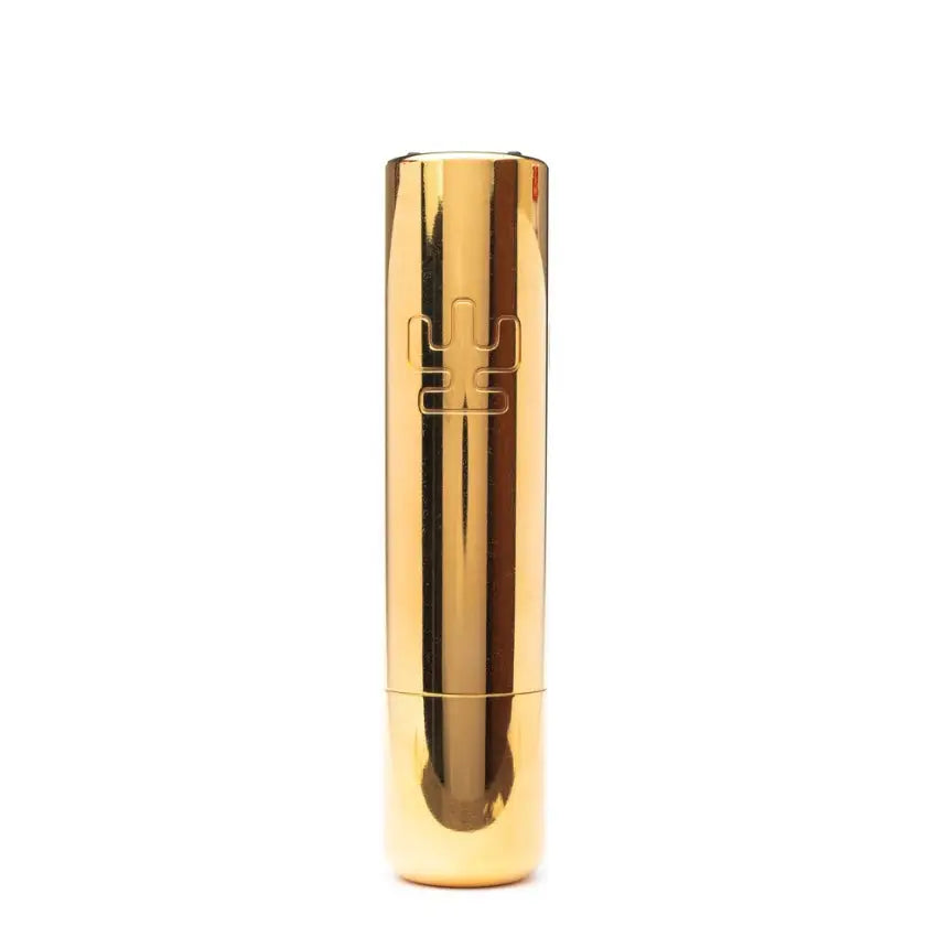 A sleek cylindrical gold lipstick tube with polished metallic finish and embossed logo from vlad blad ultron 4 moneymaker