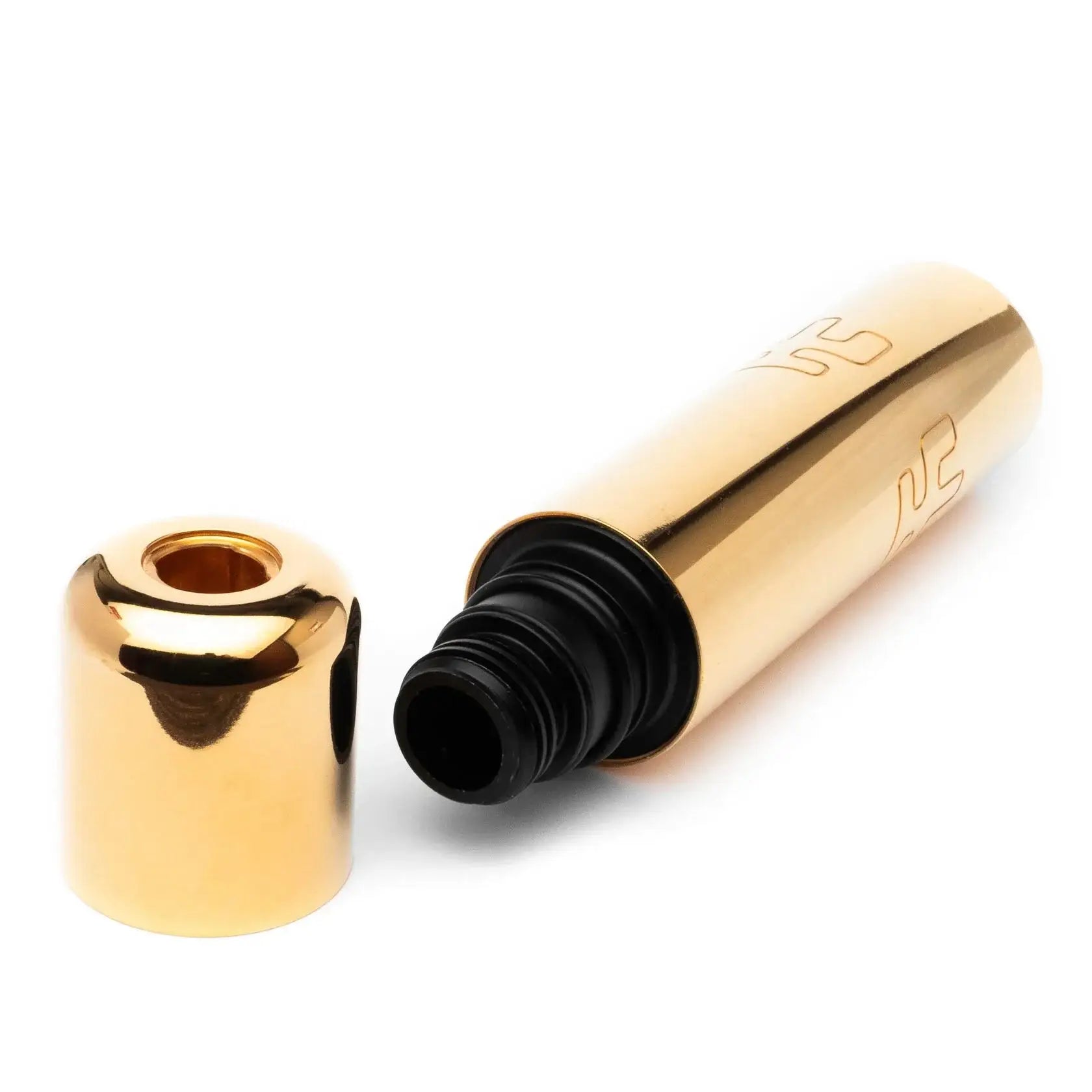 Gold-colored cylindrical tattoo machine cap with black threaded base and engraved logo for vlad blad ultron 4 moneymaker