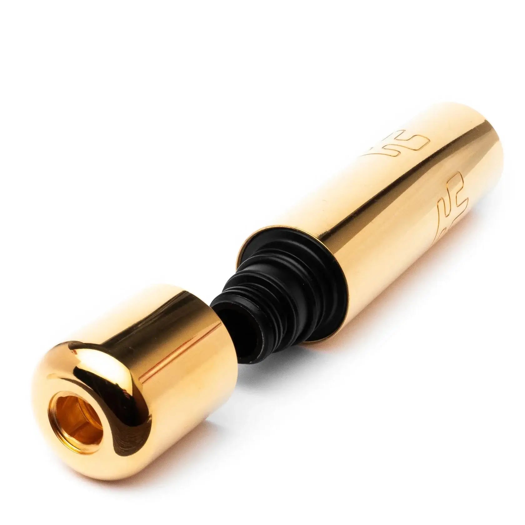 Gold-colored vlad blad ultron 4 moneymaker cylindrical tattoo machine with metallic finish and black rubber grip