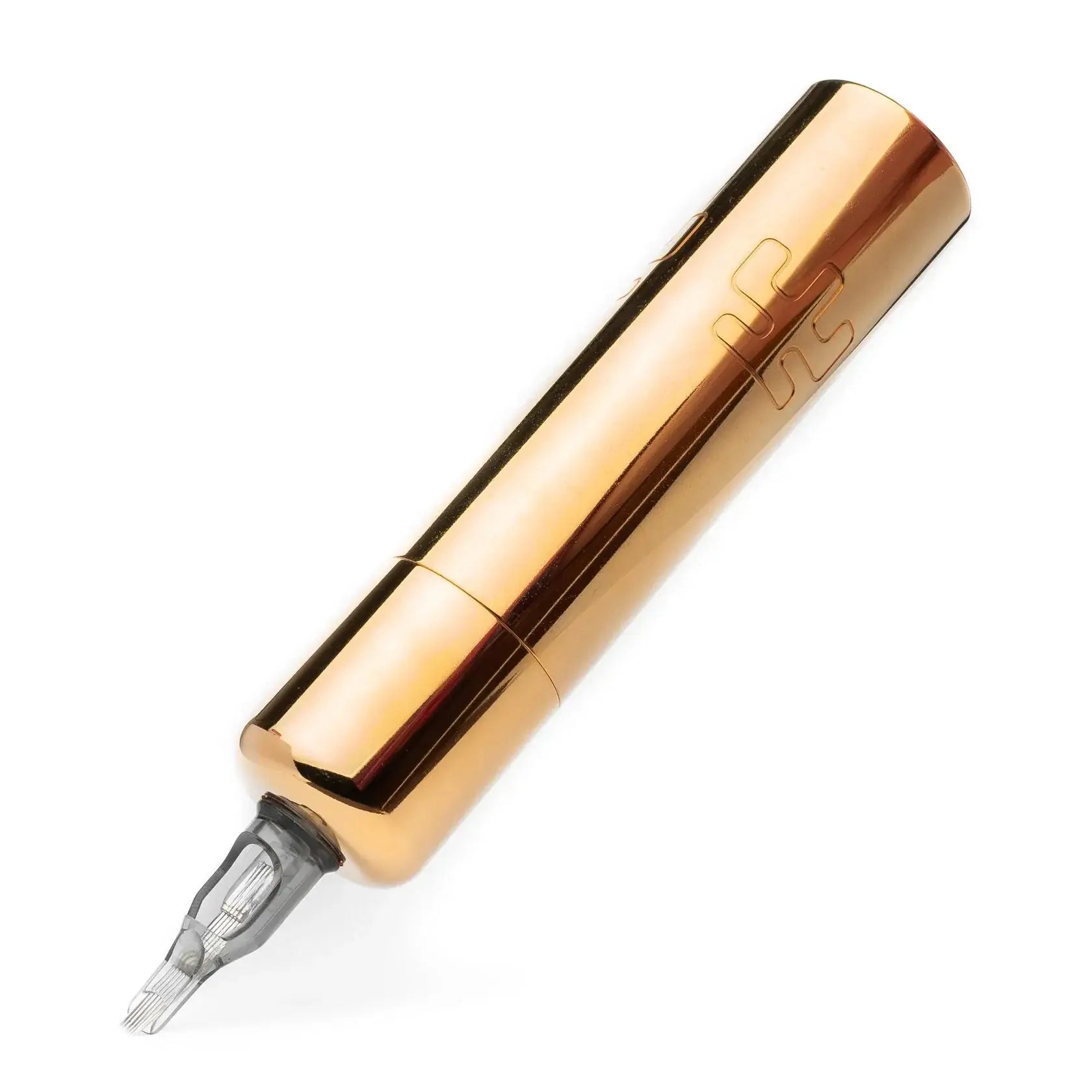 Gold-colored sleek cylindrical metallic tattoo machine with engraved logo vlad blad ultron 4 moneymaker model