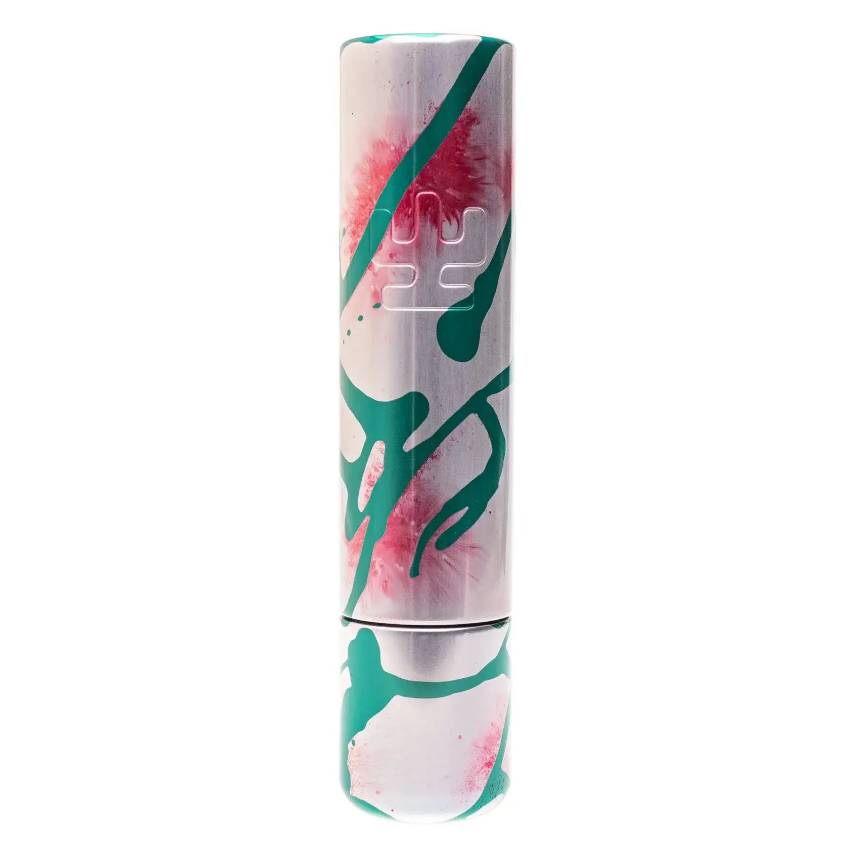 A sleek vlad blad ultron 4 polar day lipstick tube with metallic silver base and vibrant pink and green abstract splashes