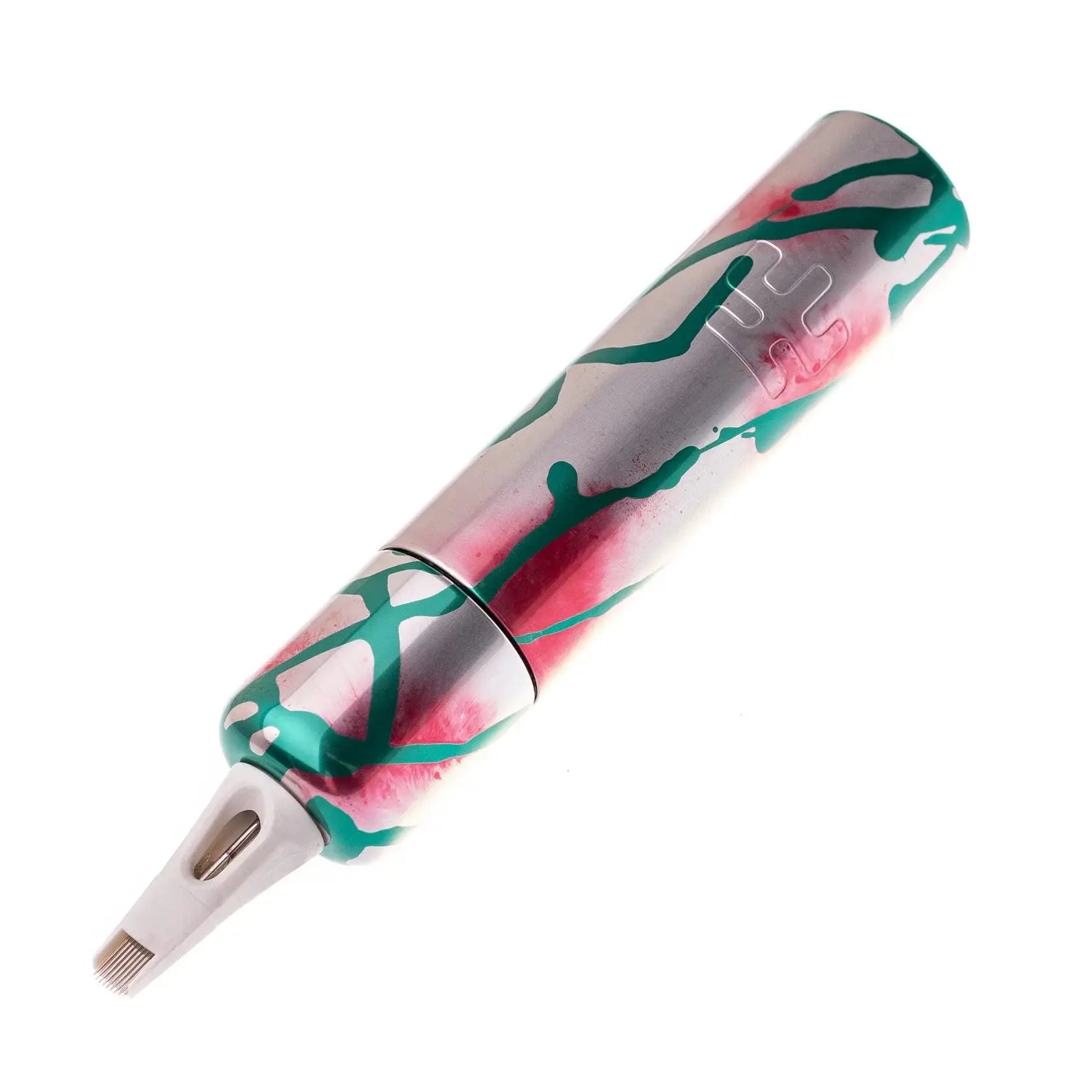 A sleek cylindrical tattoo machine vlad blad ultron 4 polar day with metallic silver and pink green splatter paint