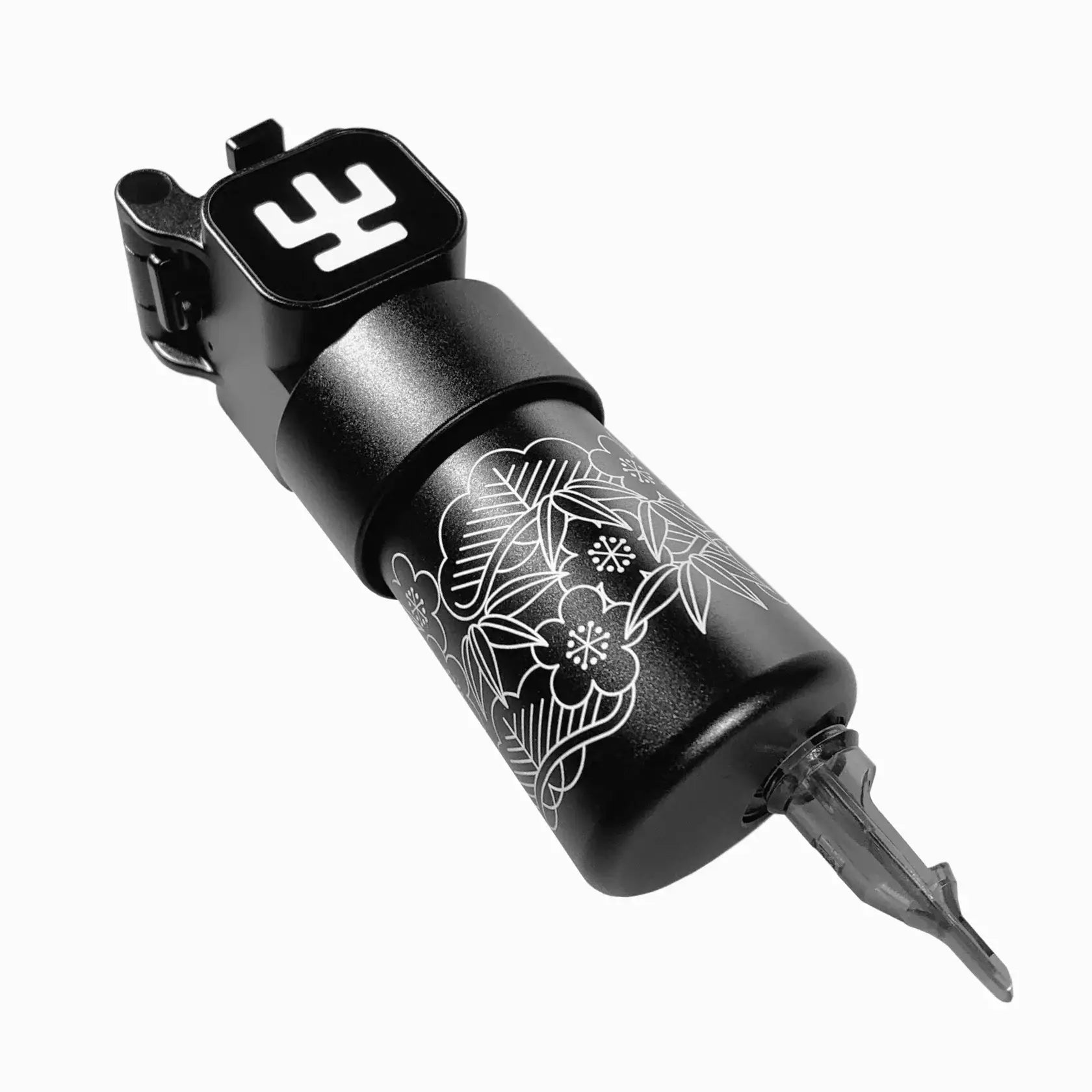 Schwarze Tätowiermaschine VLAD BLAD Ultron 4 Pro von Ivan Hack mit weißen floralen und Schneeflocken-Designs und stilisiertem Logo