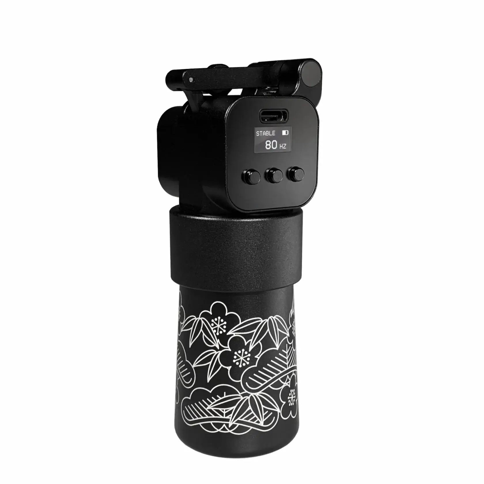 Schwarzer zylindrischer Kamerastabilisator VLAD BLAD Ultron 4 Pro von Ivan Hack mit weißen floralen Wellenmustern und digitalem Display