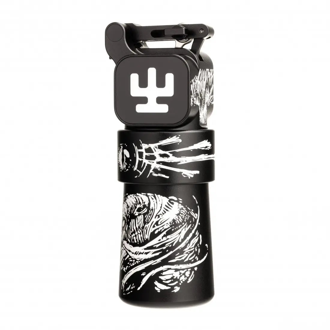 Schwarze zylindrische Wasserflasche vladi blad ultron 4 pro ch2 mit weißen Grafikdesigns und schwarzem Kappenlogo