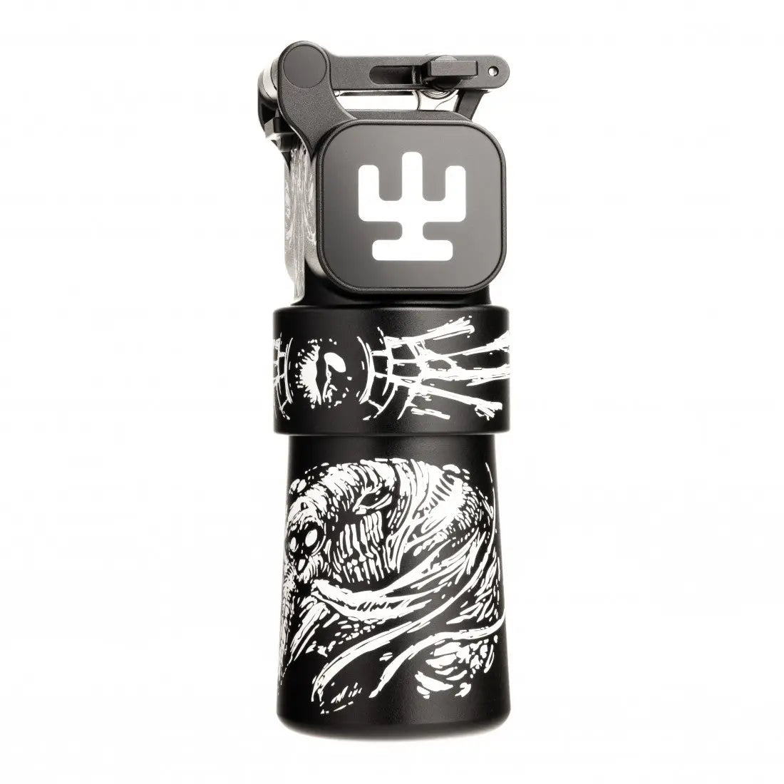 Schwarze zylindrische Wasserflasche VLAD BLAD Ultron 4 Pro CH2 mit weißen skelettartigen monströsen Illustrationen und schwarzem Deckel