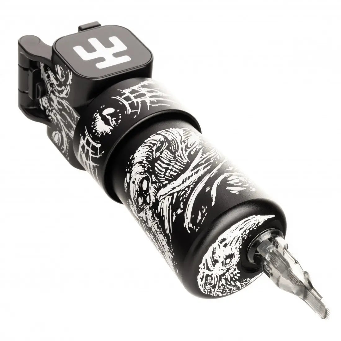 Schwarze Tätowiermaschine VLAD BLAD Ultron 4 Pro Ch2 mit filigranen weißen Skelett- und Tribal-Designs und stilisiertem Logo auf der oberen Kappe