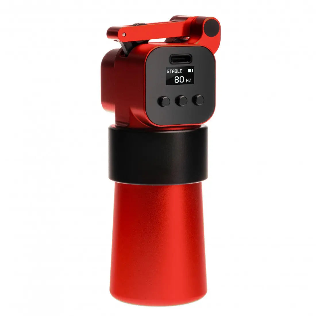 Roter und schwarzer VLAD BLAD Ultron 4 Pro Cola Red-Gimbal-Stabilisator mit digitalem Display, das auf der oberen Anzeige stabile 80 Hz zeigt