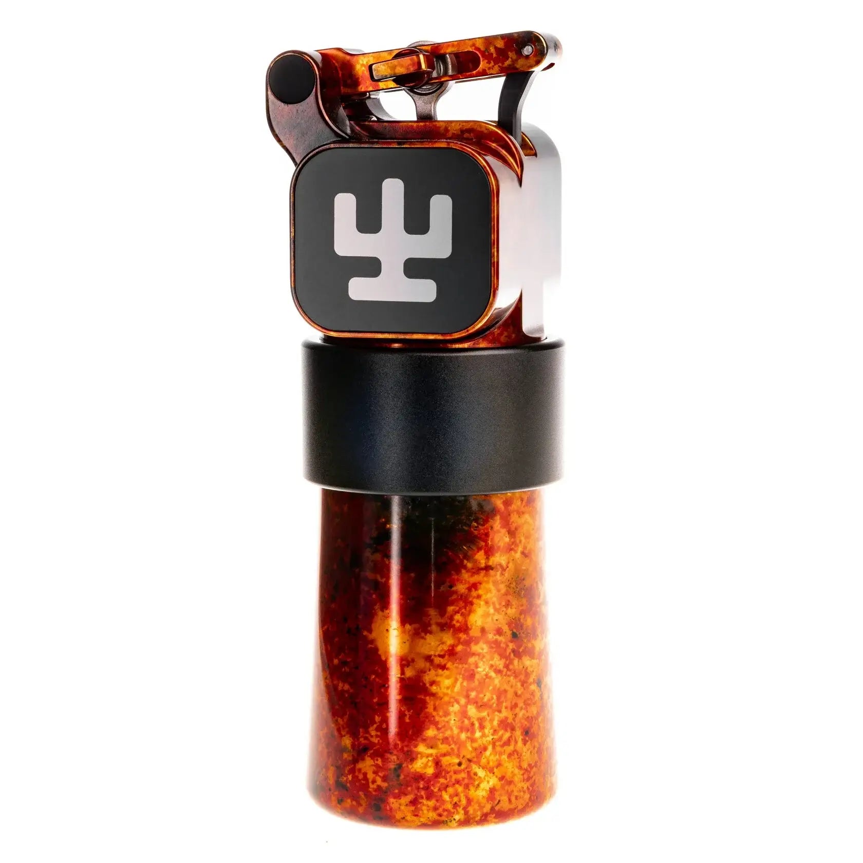 VLAD BLAD Ultron 4 Pro Firestarter Amber Pfeffermühle mit schwarzem Oberteil, weißem Kaktuslogo und metallischen Akzenten