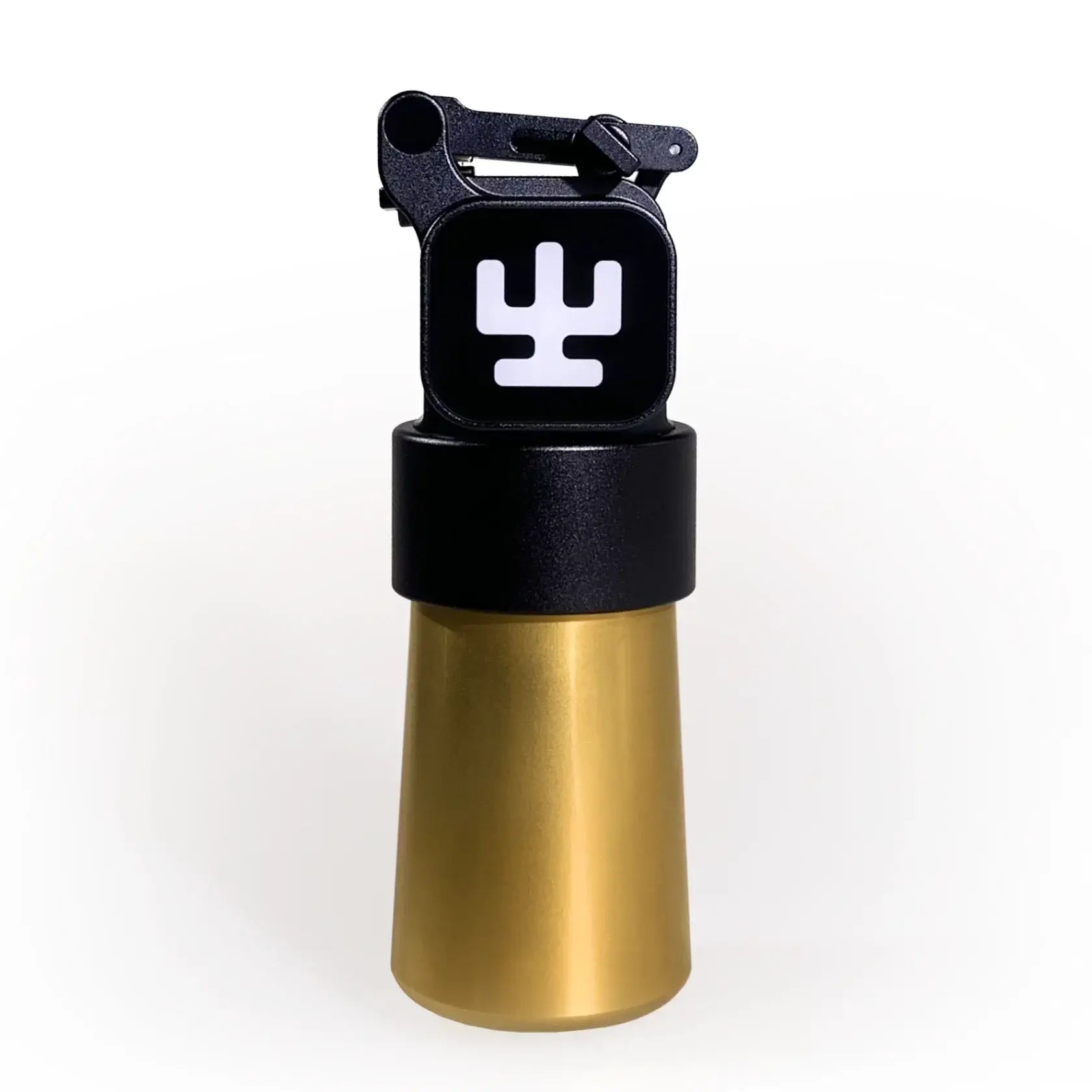 alt
Schwarze und goldene Metall-Wasserflasche Vladi Blad Ultron 4 Pro Hard Point mit schlankem zylindrischem Korpus und schwarzem Deckel mit weißem Kaktus-Logo