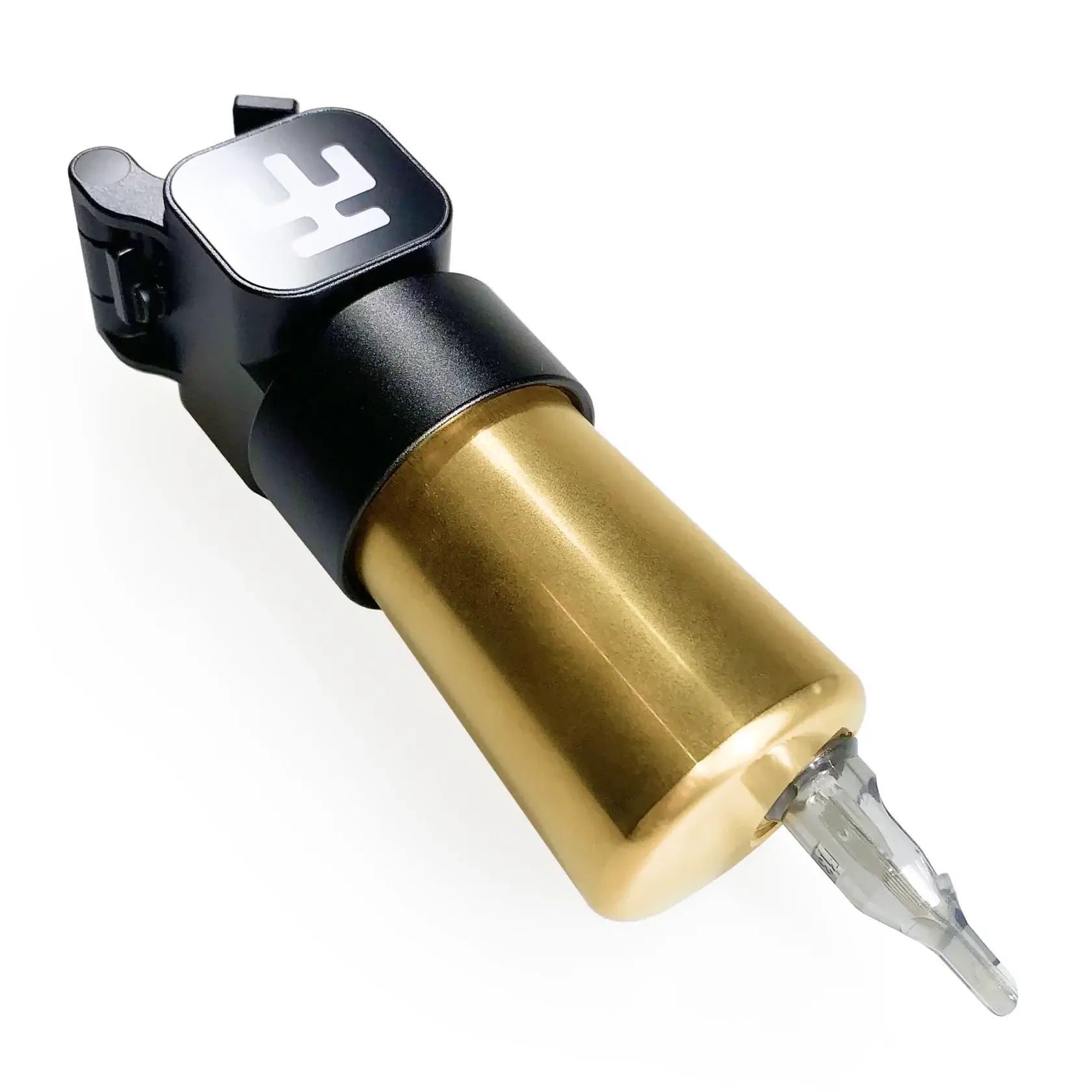 VLAD BLAD Ultron 4 Pro Hard-Point-Tattoomaschine mit mattschwarzem Griff und poliertem Messinggehäuse in Schwarz und Gold