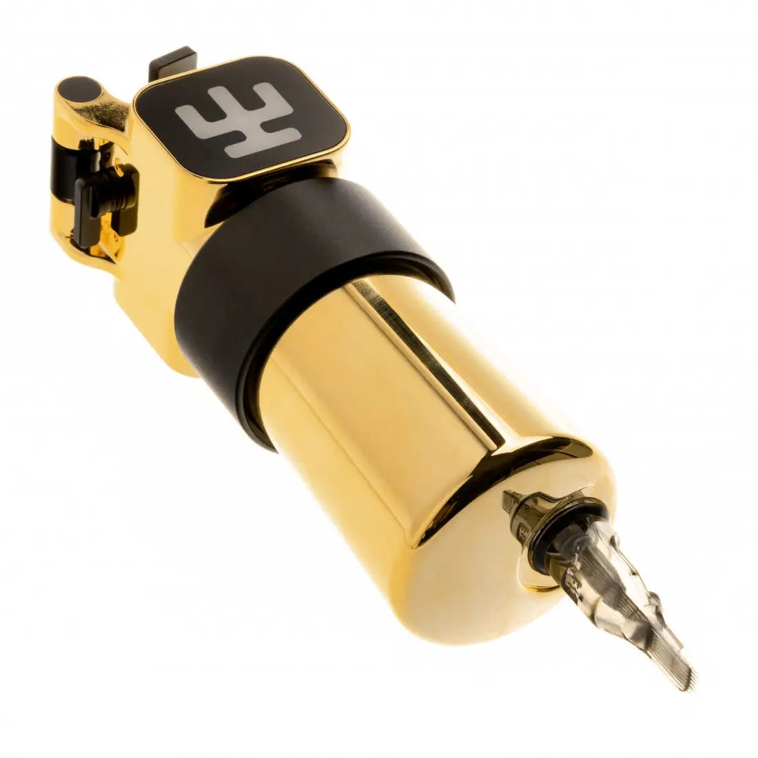 Goldfarbene VLAD BLAD Ultron 4 Pro Money Maker Tattoomaschine mit schwarzem Griff und polierter Metalloberfläche